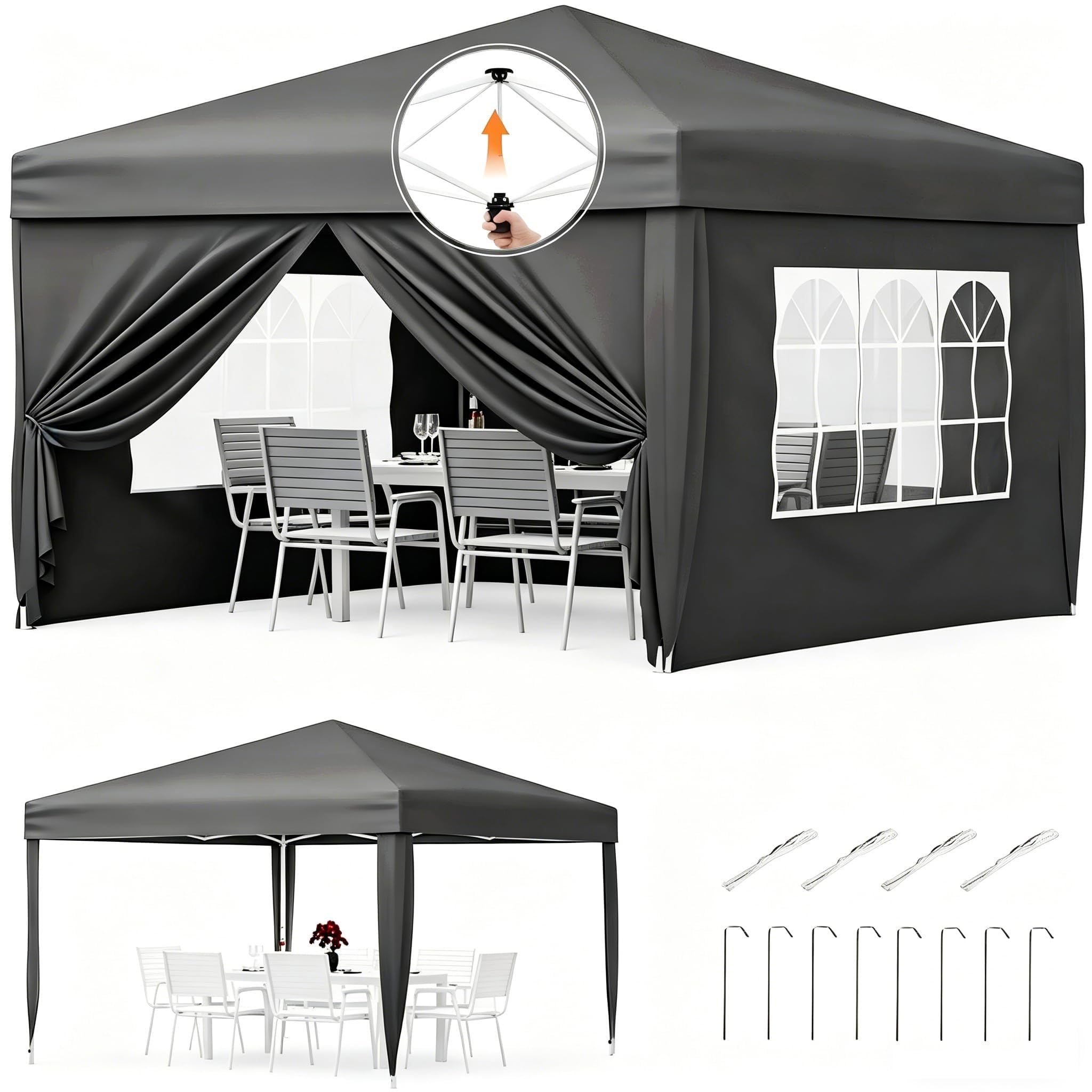 Gravee Tonnelle Pliante 3x3 m – Tente Pop-Up Robuste pour Jardin, Imperméable et Anti-UV avec Parois Latérales et Sac de Transport (Gris, 3x3m)