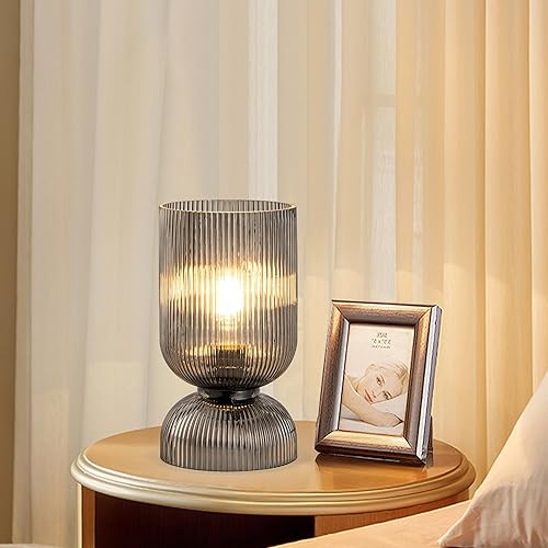 Miniatura 3 de Lámpara de mesa moderna, lámpara de mediados de siglo con pantalla de cristal gris ahumado, lámpara de noche con interruptor de encendidoapagado,