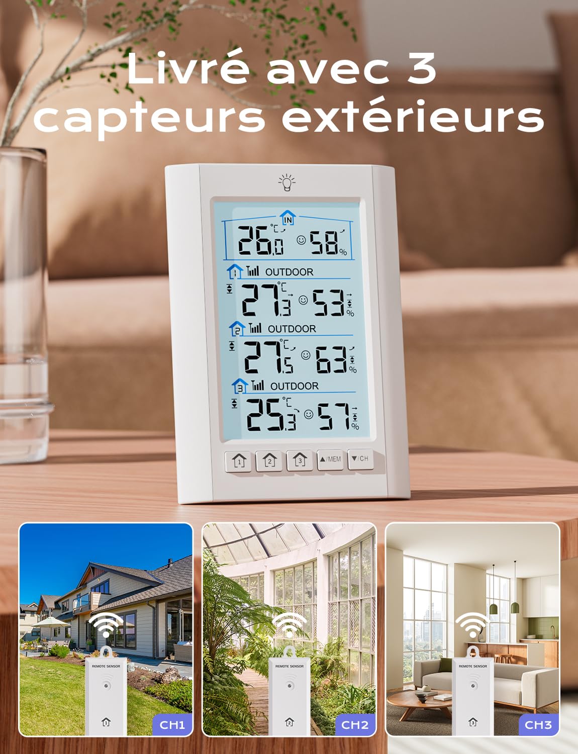 Station Meteo Interieur Exterieur Sans Fil LIORQUE Thermometre Hygrometre avec 3 capteurs LCD Portee Transmission 100m
