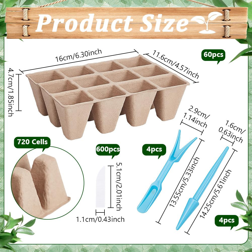 Pots de Tourbe biodégradables Plateau de Semis à 720 alvéole Kit de Démarrage de Semis Biodégradable (60 Paquet) Comprenant 600 étiquettes en Plastique PVC et 8 repiquages pour Semis