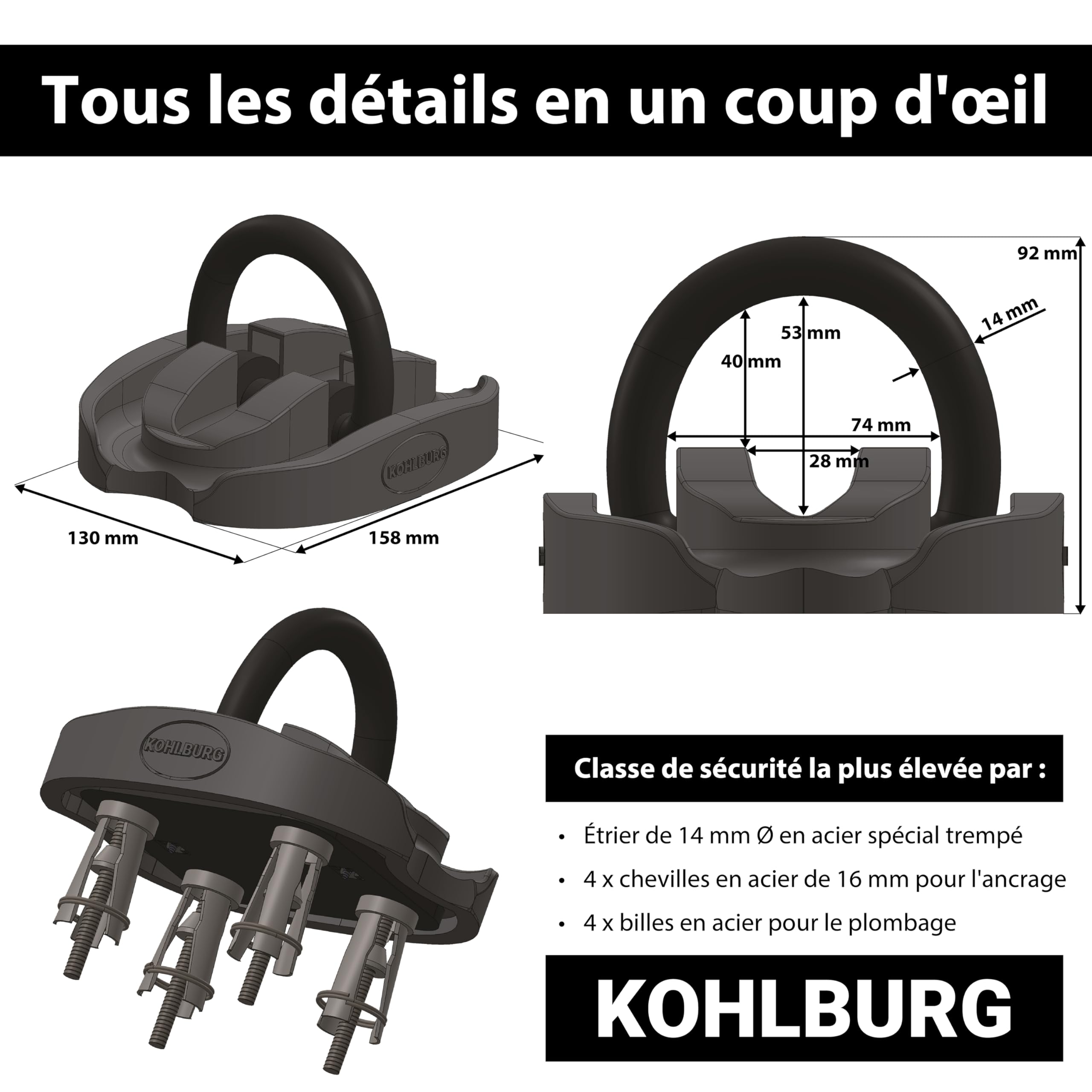 KOHLBURG Ancoraggio di Sicurezza Pavimento e Parete Massimo Livello Sicurezza 15+ per Moto Scooter e‑Bike con Arco 14 mm in Acciaio Speciale temprato antifurto Bici a Muro e Pavimento Cantina Garage