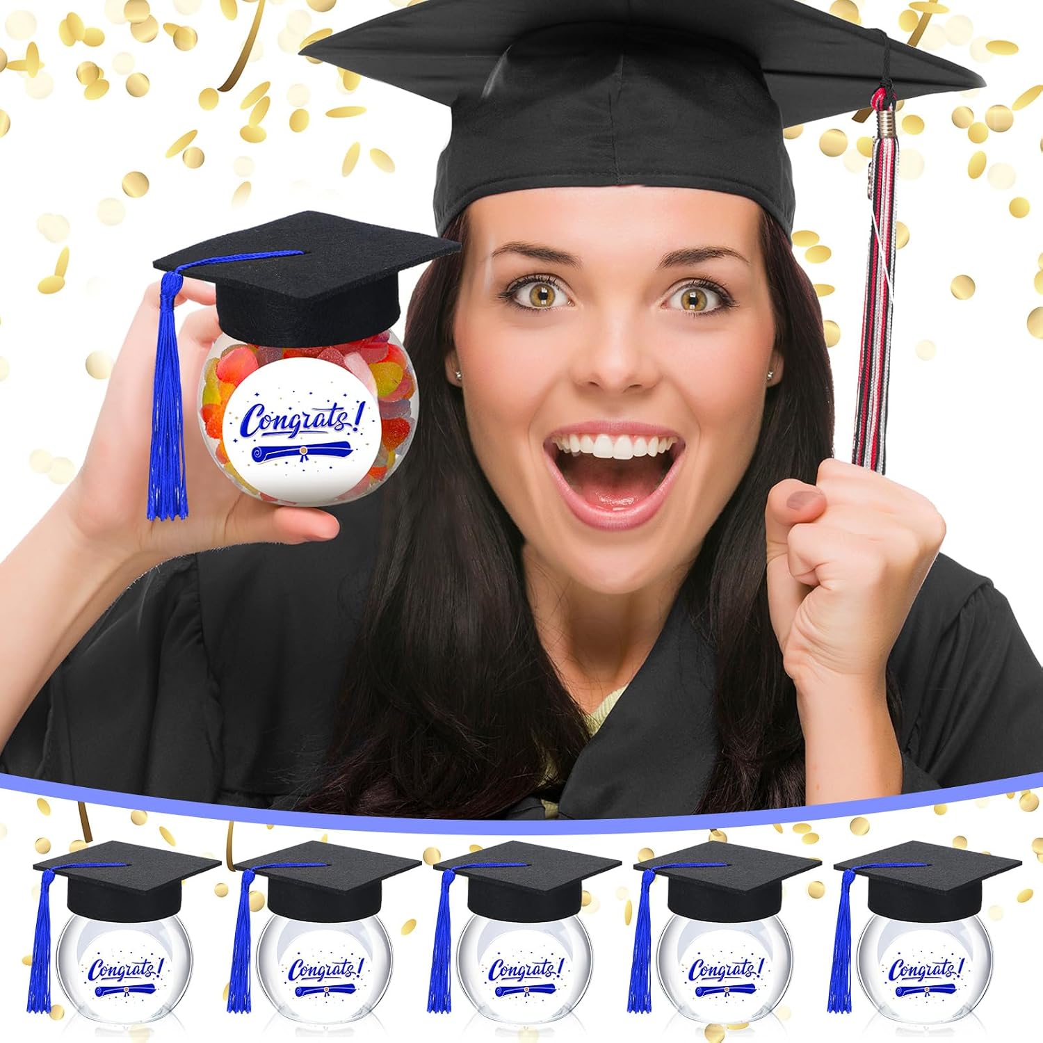 Mimorou 24 Sets Graduation Cap Candy Jars 2026, 8oz Plastic Candy Container Chocolate Gum Bottles School Party Gifts for Guests(Blue)