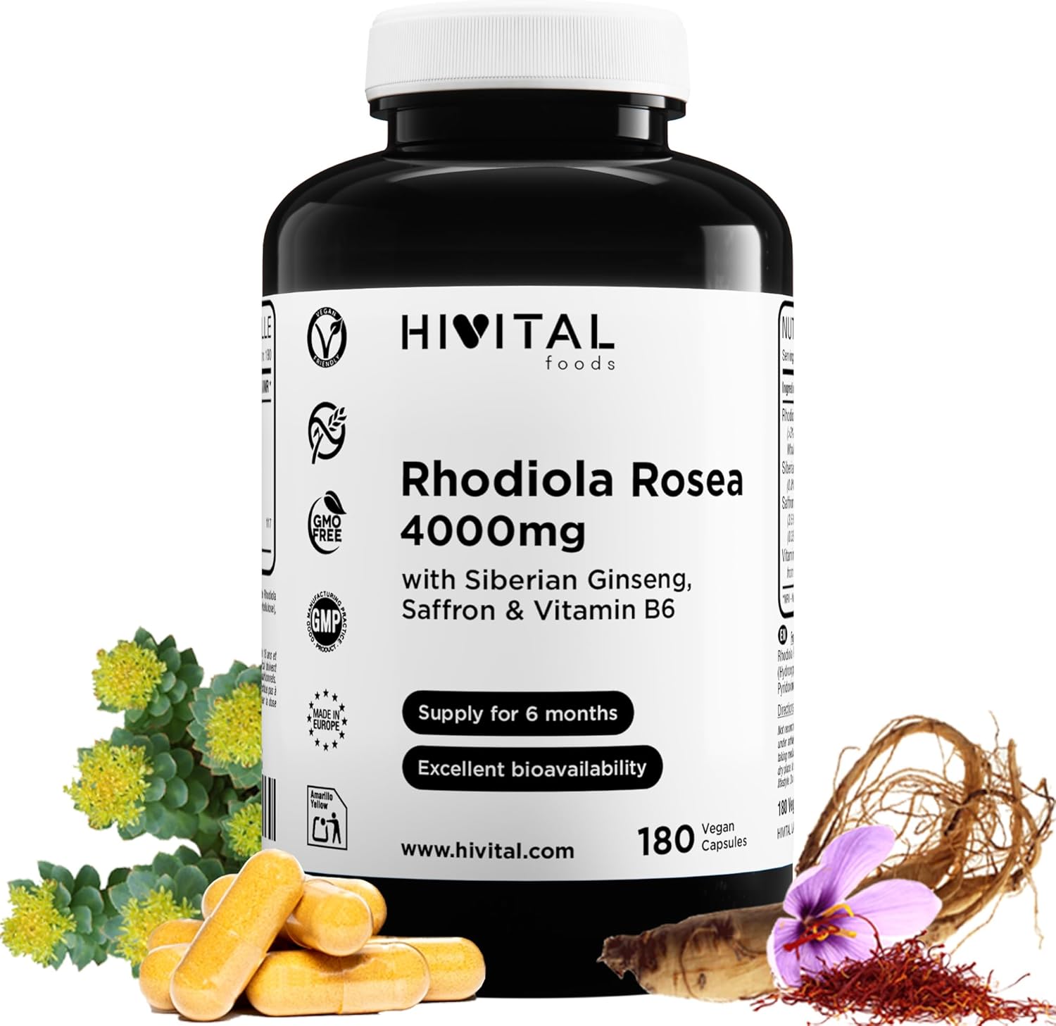 Rhodiola Rosea 4000 mg. 180 vegan capsules for 6 months of treatment. Rhodiola with 3% Salidrósides, with Siberian Ginseng, Saffron and Vitamin B6. Made in Europe by HIVITAL Rhodiola Rosea 4000 mg. 180 vegan capsules for 6 months of treatment. Rhodiola with 3% Salidrósides, with Siberian Ginseng, Saffron and Vitamin B6. Made in Europe by HIVITAL