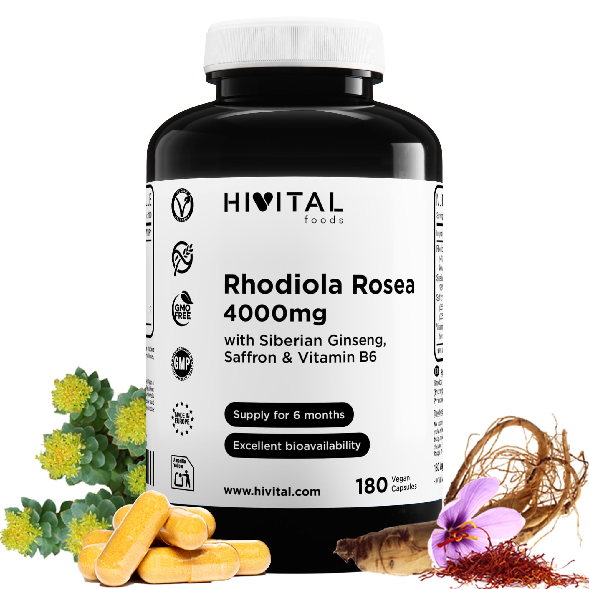 Rhodiola Rosea 4000 mg. 180 gélules végétaliennes pour 6 mois de traitement. Rhodiola avec 3% Salidrósides, avec Ginseng Sibérien, Safran et Vitamine B6. Fabriqué en Europe par HIVITAL