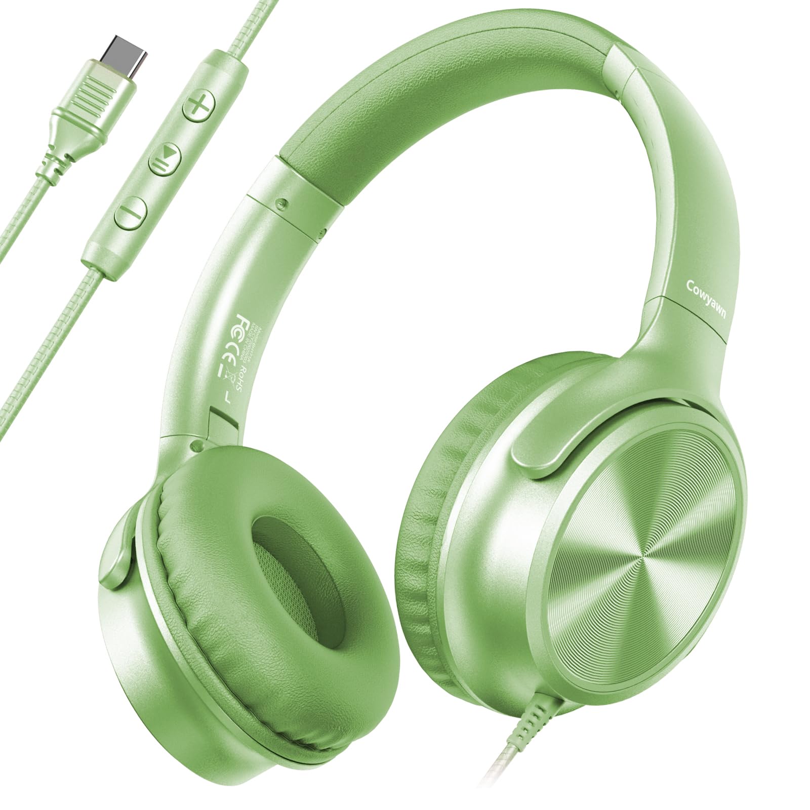 Cowyawn Cuffie USB C cablate, over-ear, con cavo USB C, con microfono, controllo del volume, suono stereo HD, cuffie pieghevoli USB di tipo C per adulti/ragazzi/laptop/computer/iPhone 15/16/17, verde