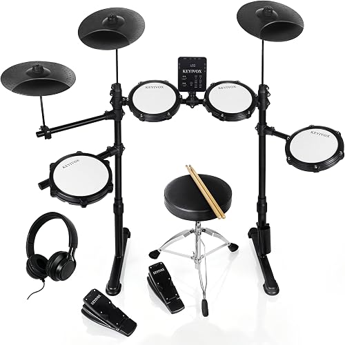 Electric Drum Set - Silent Electronic Drum Set Adult, Drum Kit for Beginners with 4 Mesh Drum Pads, 150 Sounds, 30 Songs, 15 Kits, USB MIDI, Headphones, Throne, Sticks, Pedals, MT20C, Black