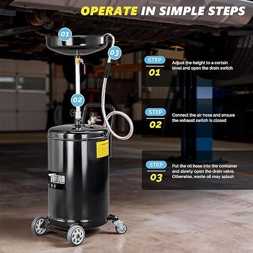 Miniatura 7 de TUFFIOM Tanque de drenaje de aceite residual de 20 galones con ruedas y asa, altura de embudo ajustable, drenaje de aceite operado por aire,