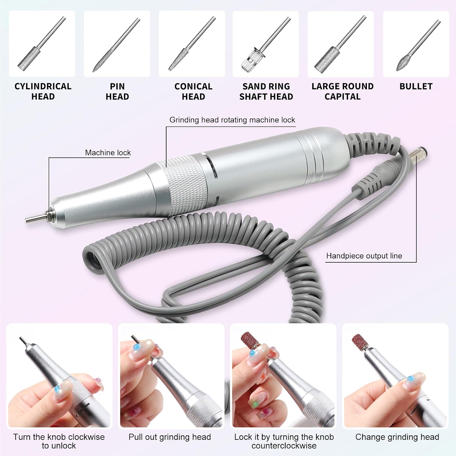 LIMEGIRL Professional Electric Nail File Drill Bits Kit 45000RPM for Acrylic Toenail Machine Clippers with 14 Drill Bit Gradient Pink Glitter Portable Rechargeable Cordless