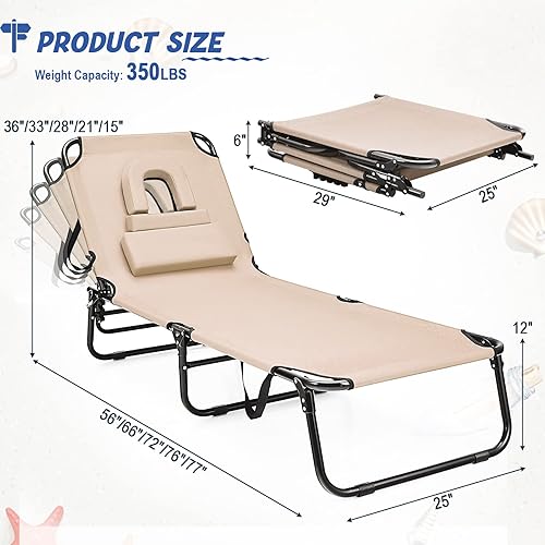 Miniatura 3 de HAPPYGRILL 2 sillas plegables de playa con orificio para la cara y almohadas desmontables, silla de bronceado portátil para tomar el sol con 5
