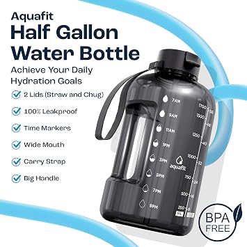 AQUAFIT 64 oz Water Bottle with Time Marker - Straw & Chug Lid - BPA Free Half Gallon Gym Water Bottle with Handle - Big Gallon Jug (Aqua, 64 Ounces)