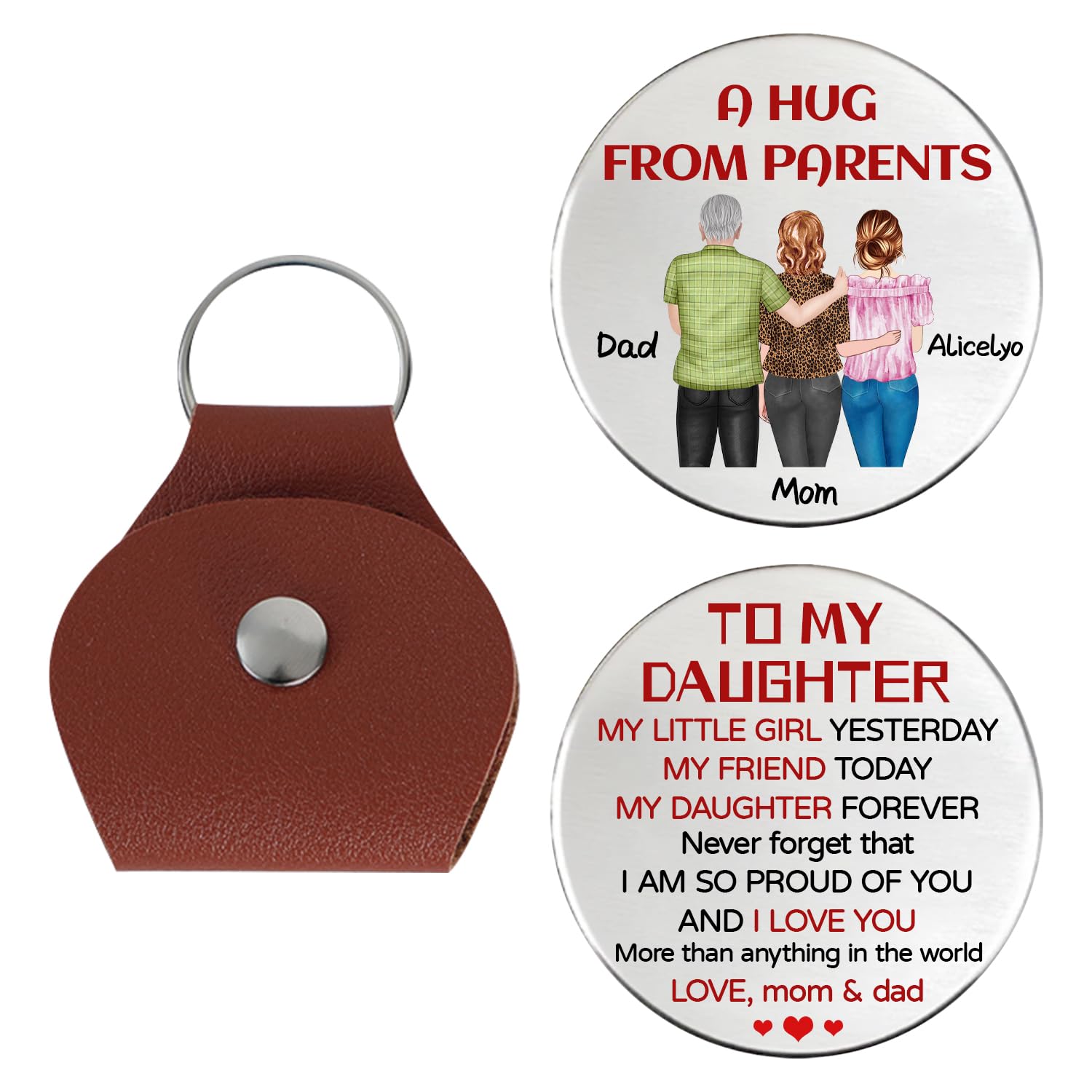 KKIIOEXX A Hug From Parents Keychain,Personalized Leather Pocket Hug Token Keychain,Custom Keychains with Portrait Name,To My Daughter Gifts From Parents