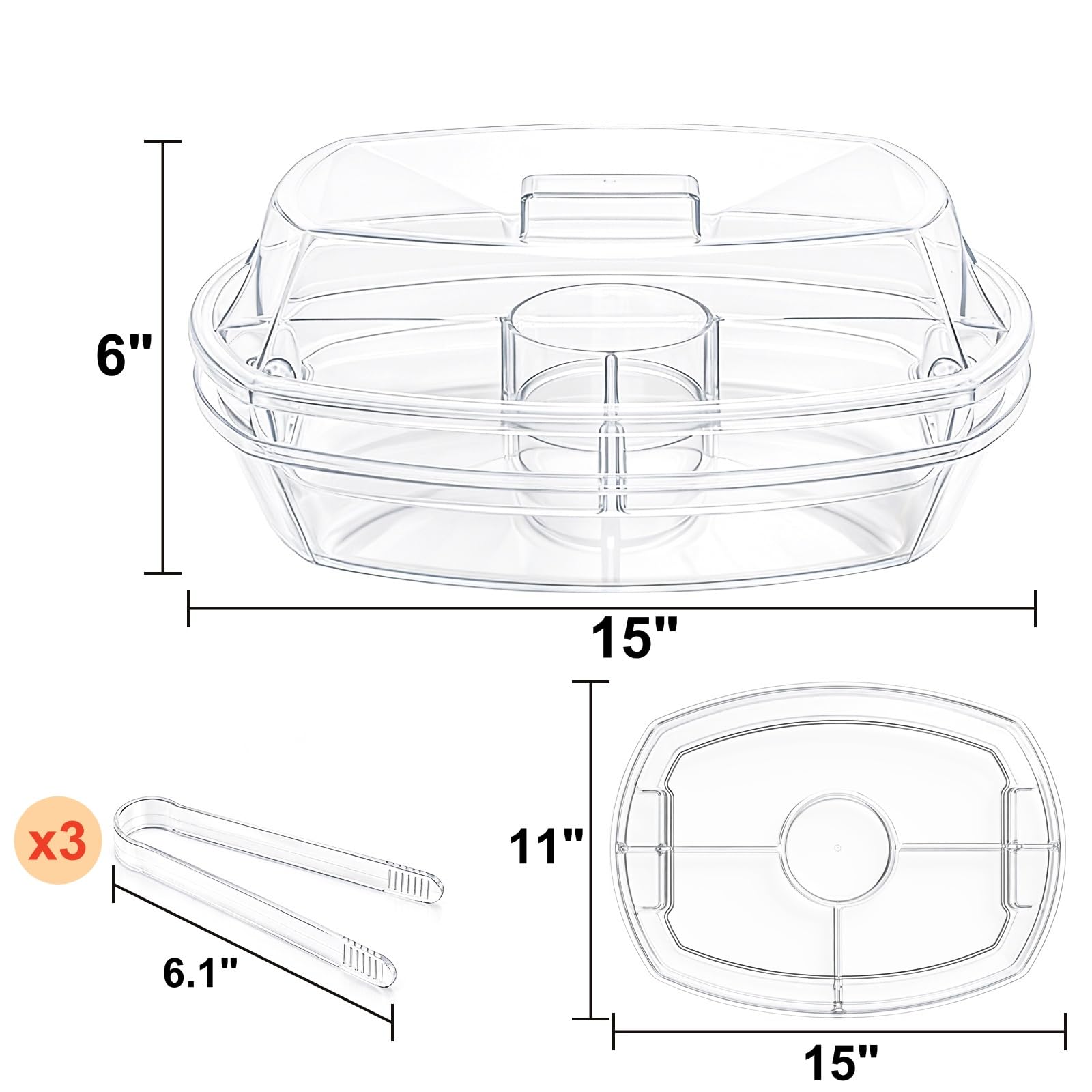 DEAYOU Bandeja para servir hielo de 4 secciones, bandeja para servir en frío con tapa abatible para comida de fiesta, picnic, aperitivos