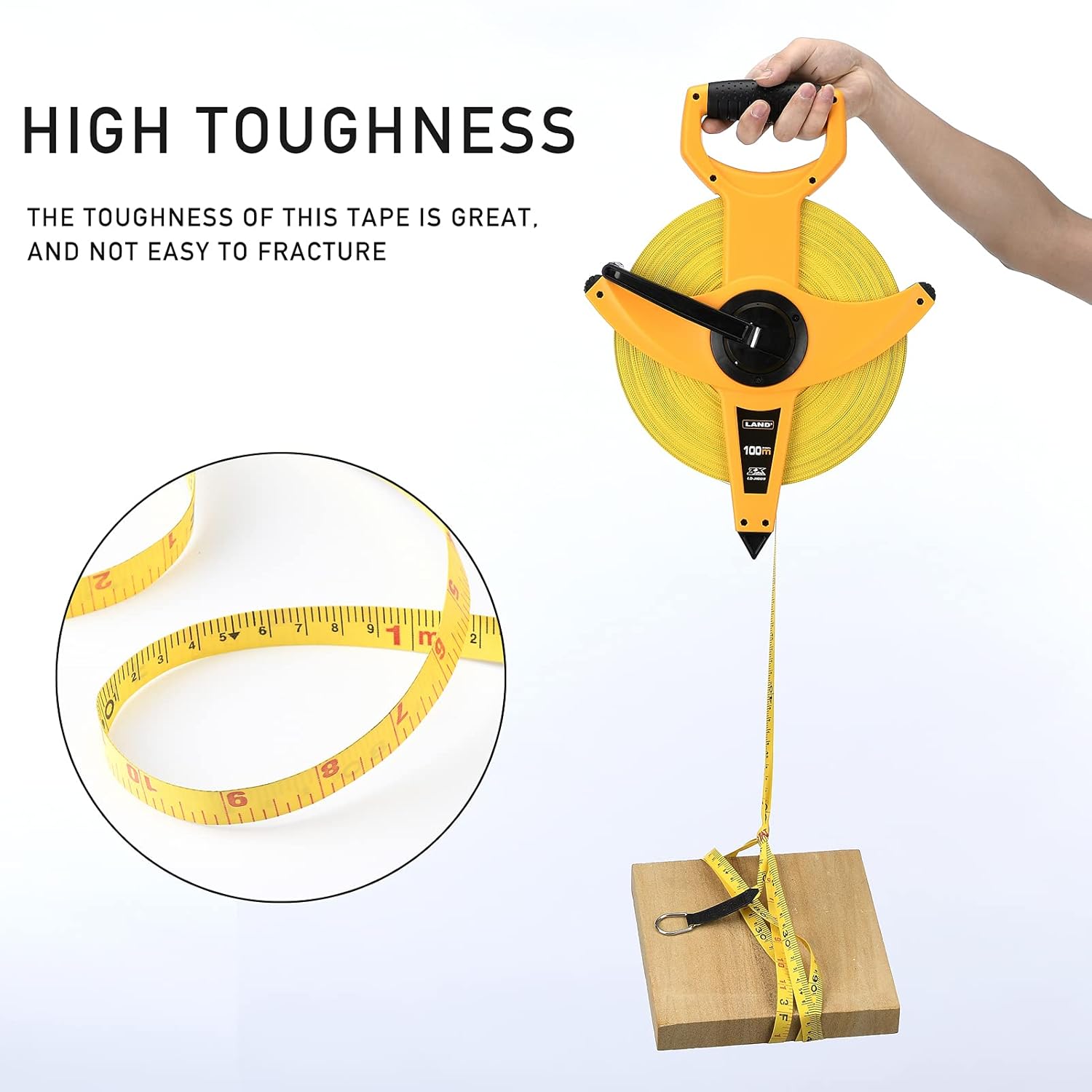 LAND 330FT/100M Heavy Duty Fiberglass Tape Measure - 1/2-Inch Wide, Dual Inch/Metric Scale, Durable Open Reel Measuring Tape for Surveying, Engineering, Runway Construction