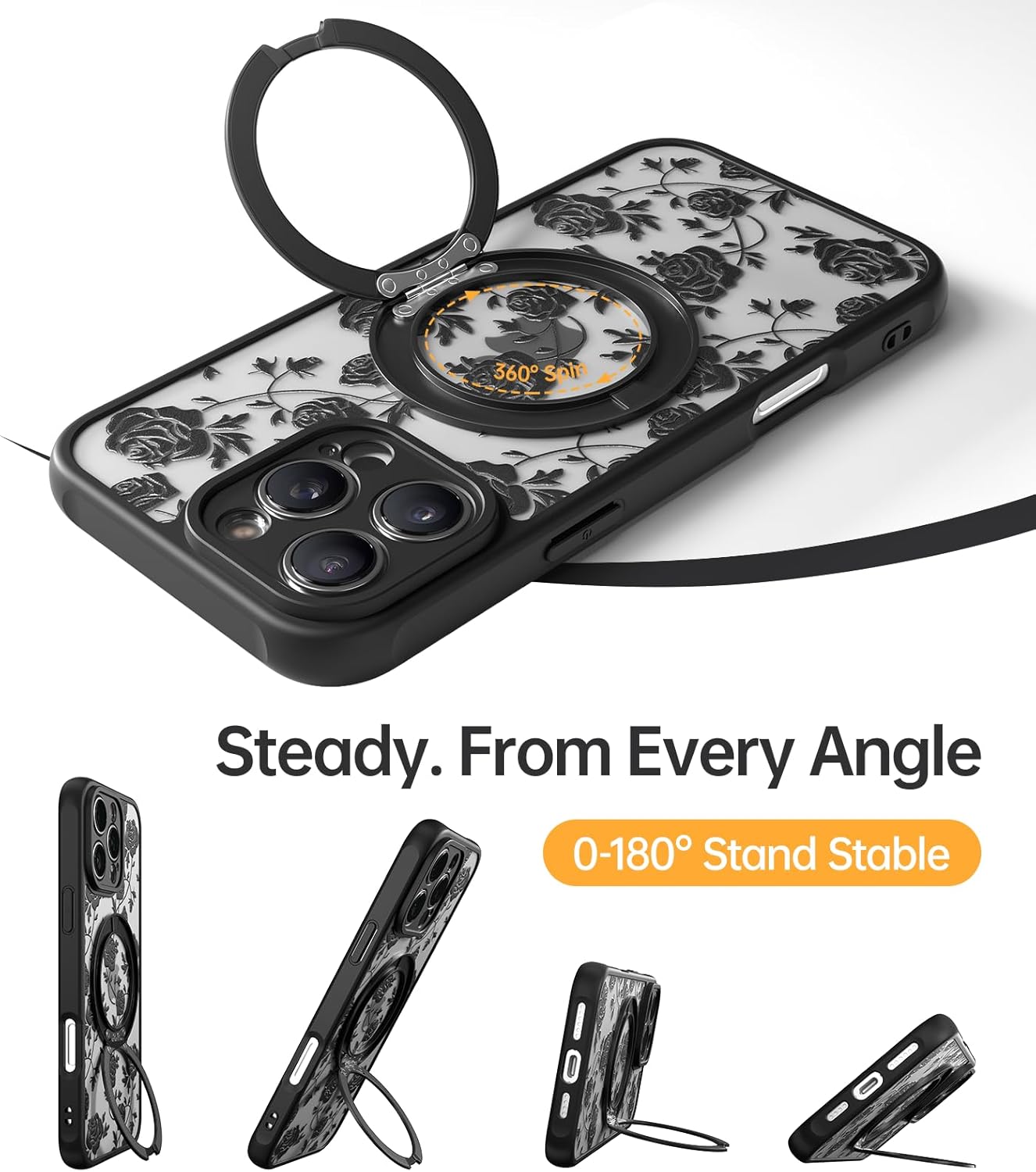 Magnetic Stand Case for iPhone 16 Pro Max [360° Rotatable Kickstand] [Compatible with MagSafe] Black Rose Design with Ring Holder Case for Women Girls, Translucent Matte Slim Phone Cover