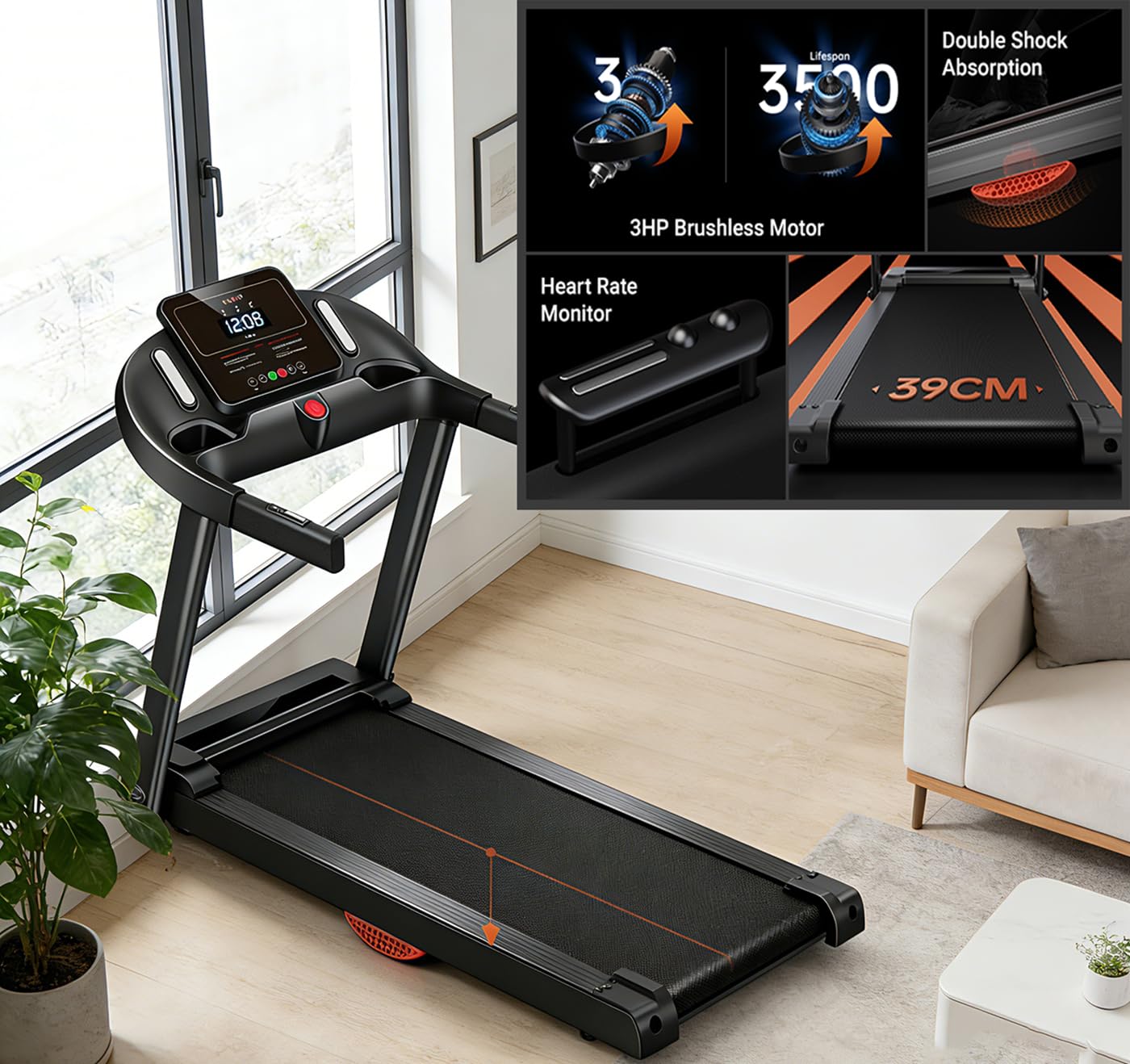 Składana ławka bieżni 15% nachylenia, cichy silnik bezszczotkowy 3,0 HP <45dB | 12+3 inteligentne programy | 7-warstwowa amortyzacja, czujniki cardio | oszczędność miejsca, maks. 136 kg