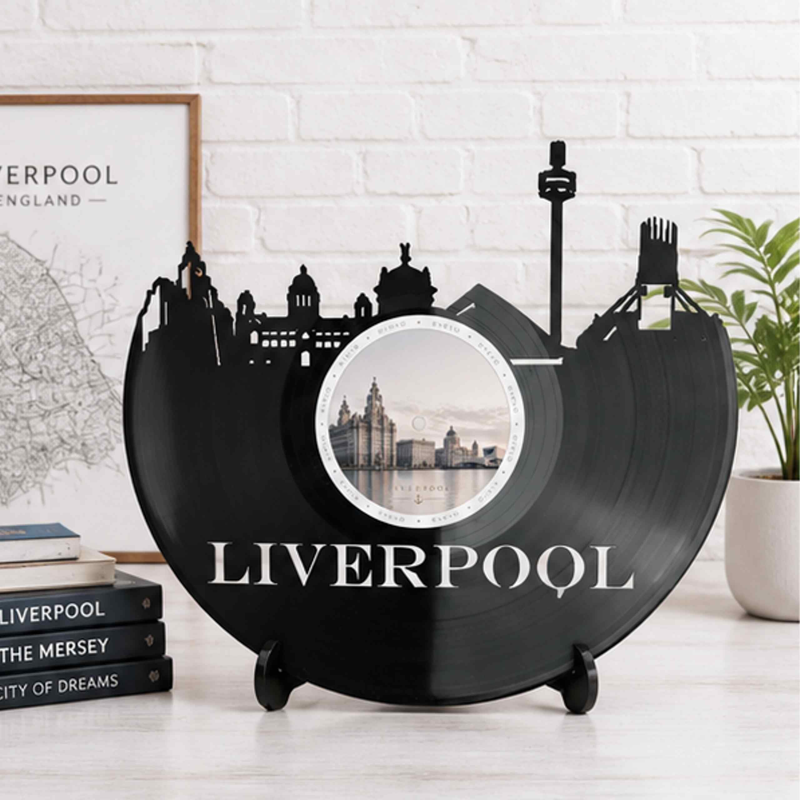 EVEVO Decorazione da parete a forma di disco Liverpool, in vinile, motivo skyline dell'Inghilterra, regalo per gli appassionati di Liverpool, amanti della musica, appassionati di calcio, D0012