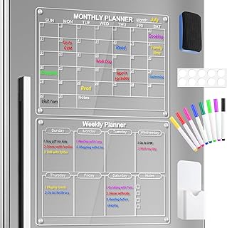 Jibeufi Acrylic Magnetic Monthly and Weekly Calendar for Fridge, Reusable Clear 2 Set Dry Erase Board Calendar for Refrigerator, 16"x12" Whiteboard Planner with 8 Markers Magnetic Holder
