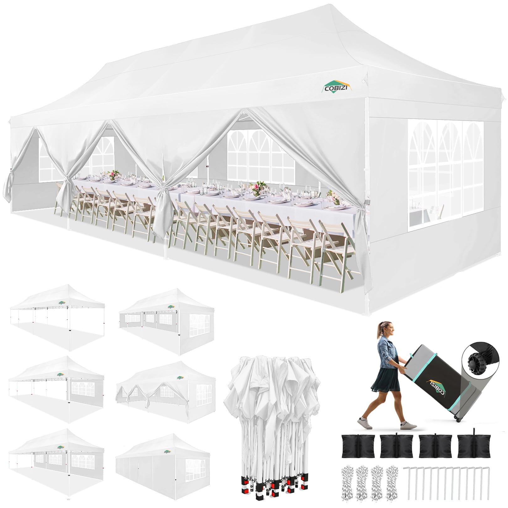 Photo 1 of COBIZI 10x30 Pop up Canopy with Roller Bag & 8 Removable Sidewalls, Canopy Tent for Parties, Wedding, and Commercials, Waterproof and Instant Shelter UV50+ Outdoor Gazebo with 4 Sandbags(Pure White)