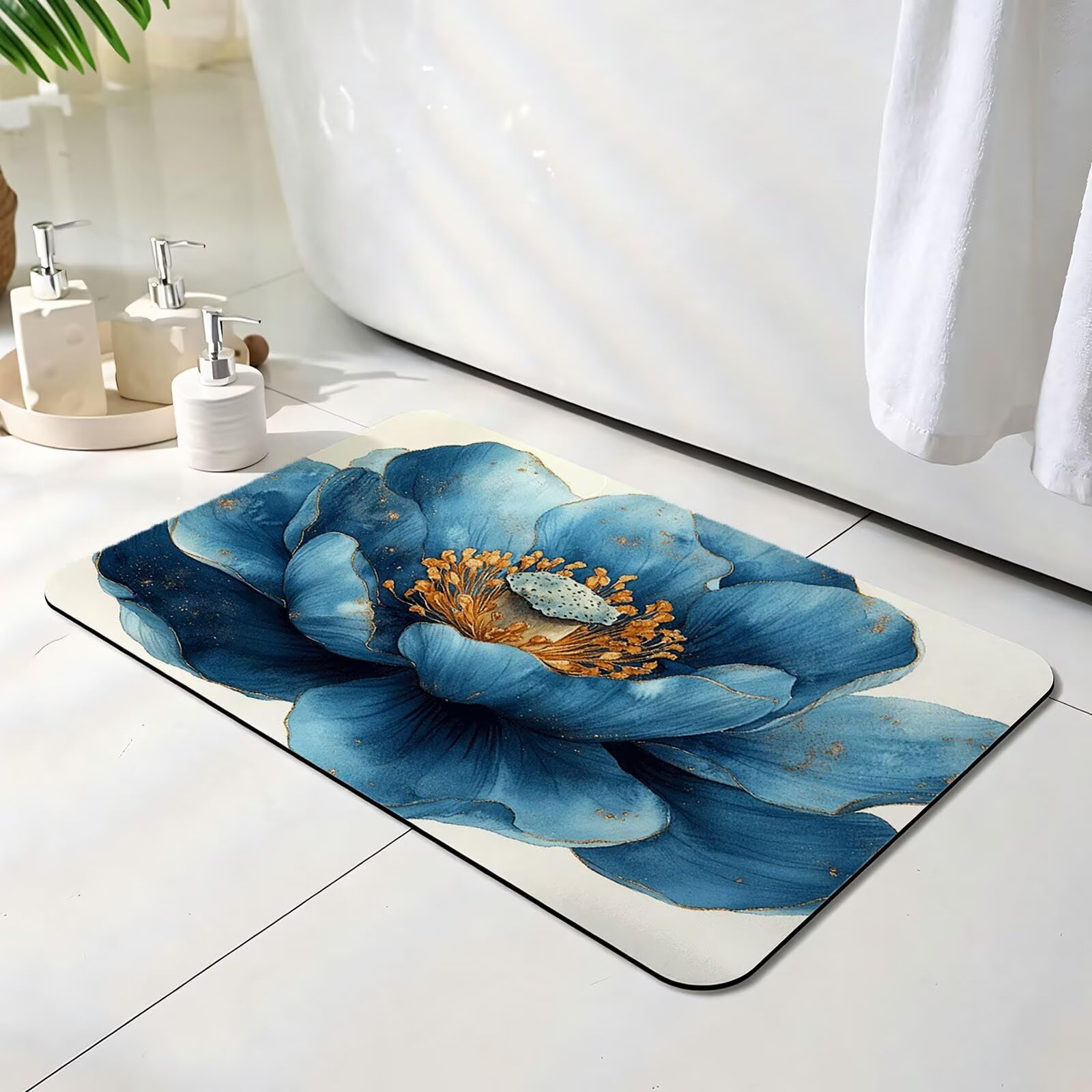 Antypoślizgowa mata do kąpieli okrzemkowej 70 x 120 cm, bardzo chłonna mata prysznicowa, kwiat diatomitowa kamienna wanna matowa, zmywalna, szybkoschnąca, do prysznica, wanny, recepcji, niebieska O
