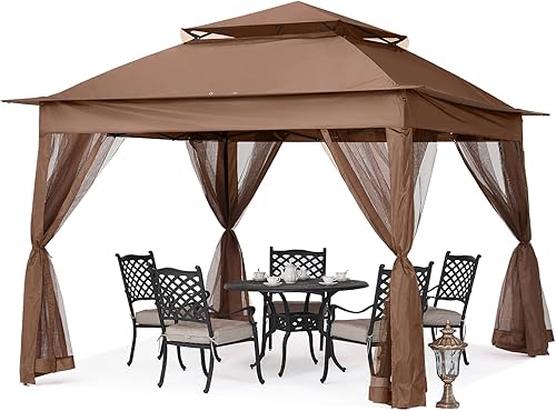 Mastercanopy - Glorieta desplegable para exteriores con paredes de malla (11 x 11, marrón)