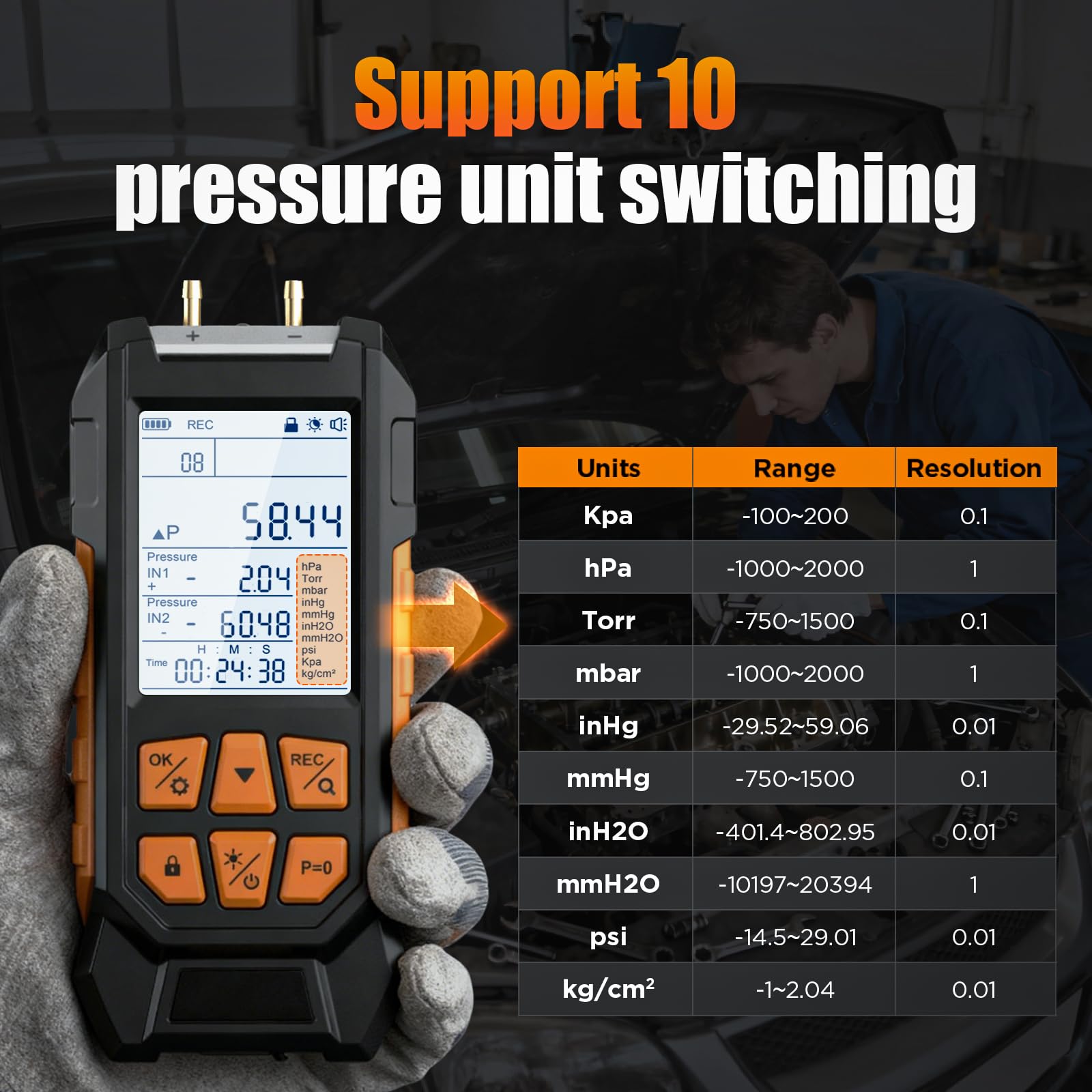 Vacuometro Digital, Manómetro Diferencial con Rango de Medición -100-200 kPa, Probador de Presión de Aire Gas Manómetro HVAC, 10 Unidades, Precisión ±0.3% FS