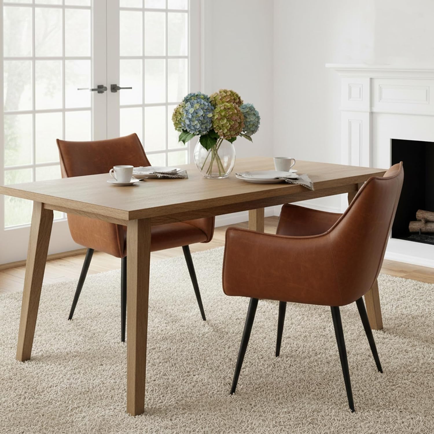 Brown PU Leather Chair, Upholstered Dining Room Chairs with Arms Set of 6 Mid Century Modern Kitchen Chair with Black Metal Legs Comfy Desk Armchair for Restaurant