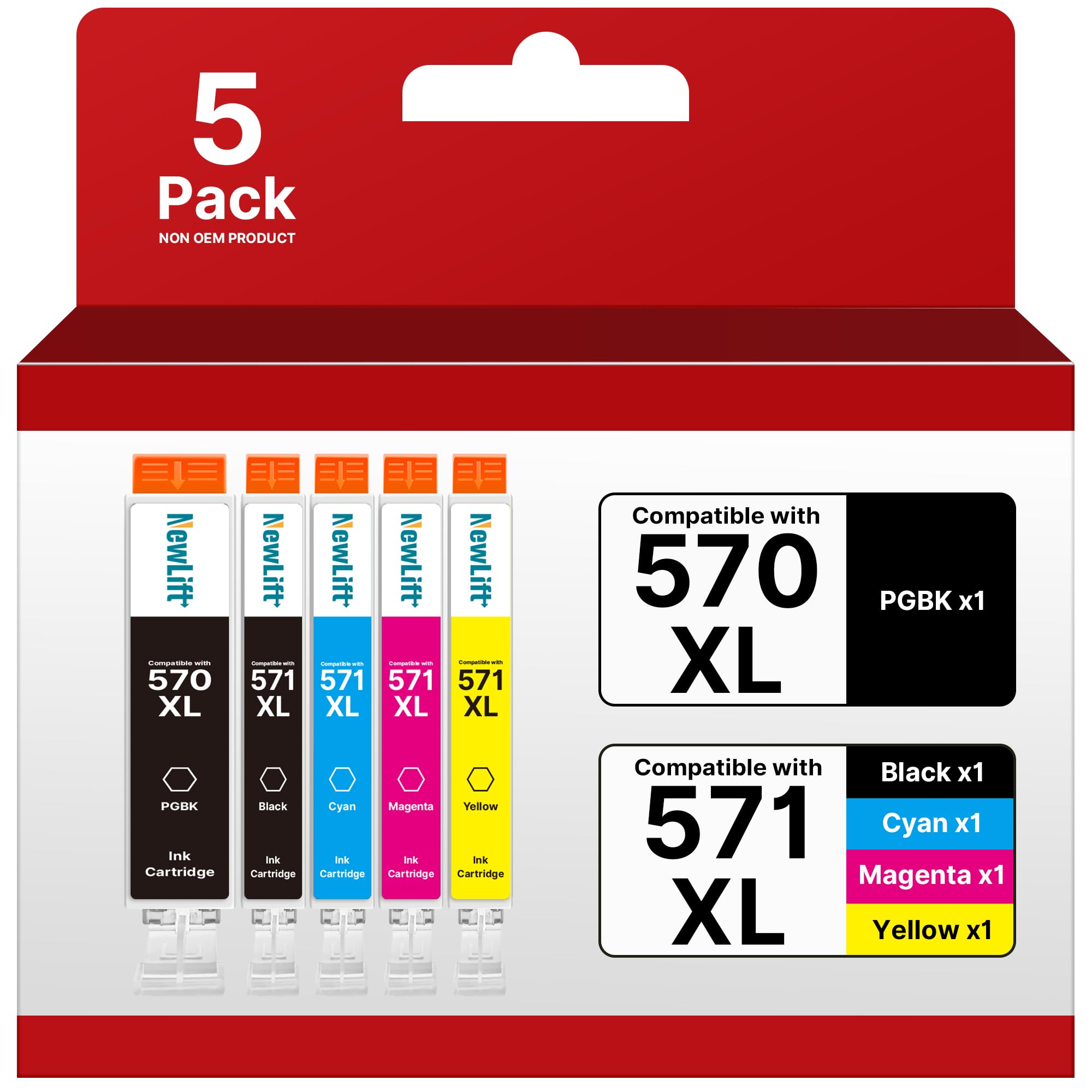 NewLift PGI-570 CLI-571 XL Kompatibel Druckerpatronen für Canon PGI 570XL CLI 571XL Multipack für Canon Pixma TS5050 TS5055 MG5750 MG5753 MG6852 TS6050 TS5053 (PGBK Schwarz Cyan Gelb Magenta，5er-Pack)