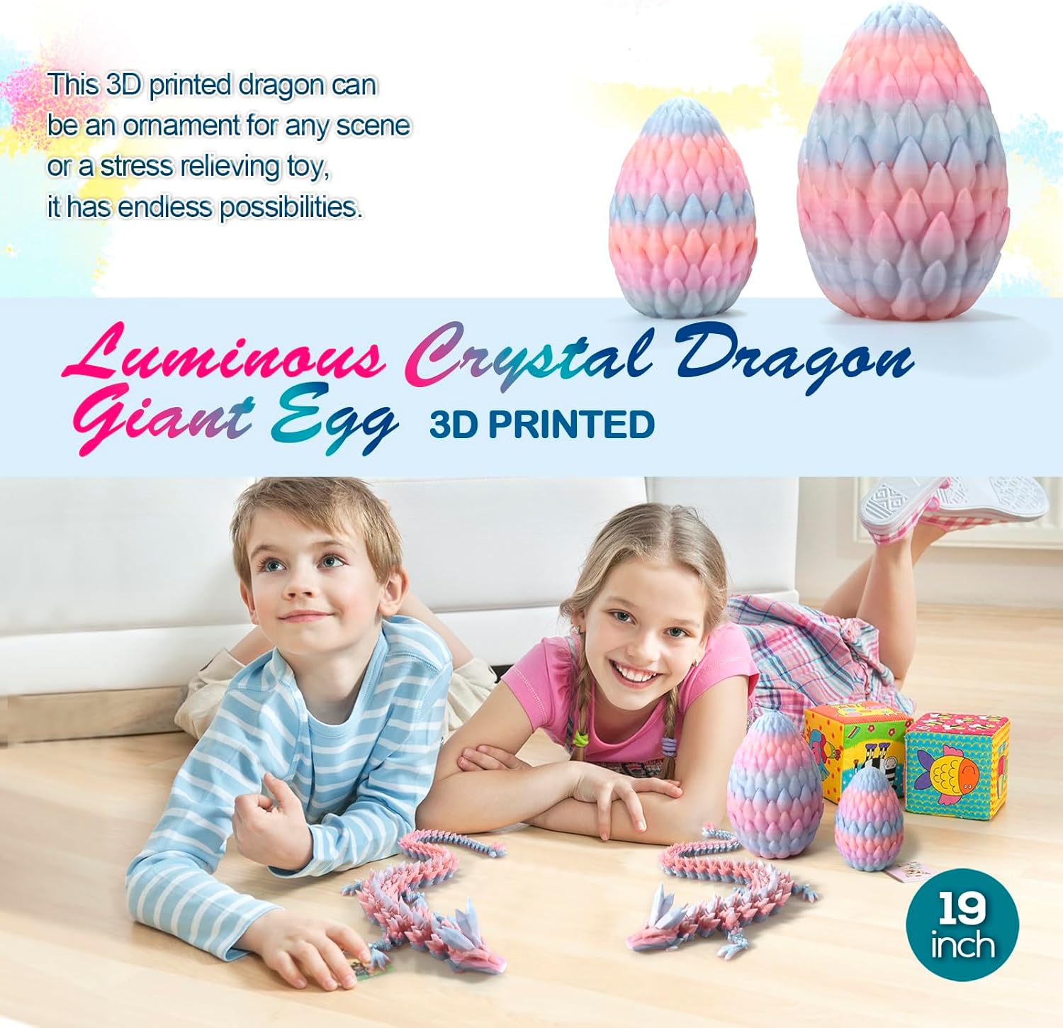 19 inch Large 3D Printed Dragon Glow in the Dark,Dragon Eggs with Dragon Inside,Surprise Dragon Egg Toy,Prefilled Easter Eggs Basket Stuffers for Boys Kids Teen 5-7 4-6 8-12