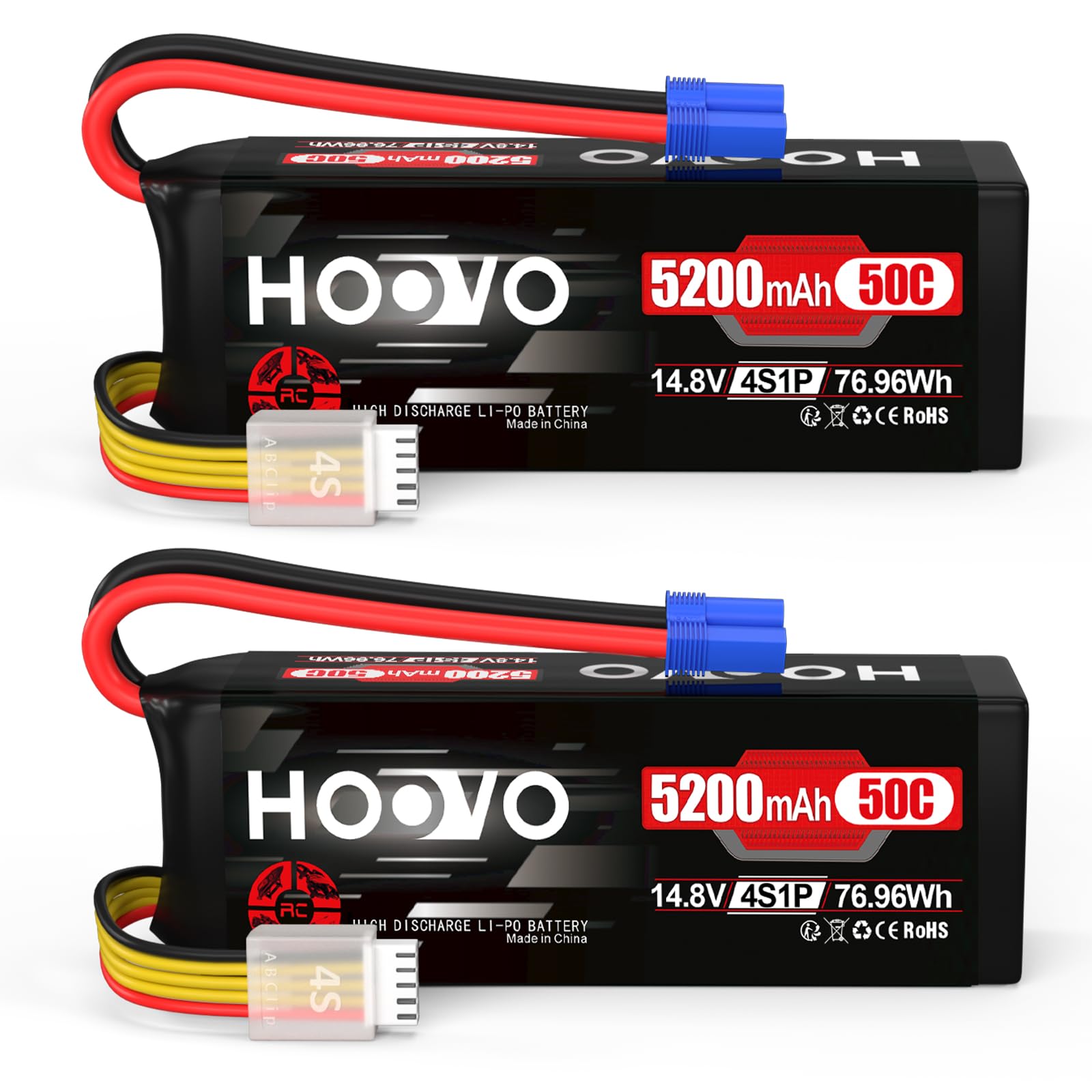 HOOVO 4S Lipo Battery 14.8V 5200mAh 50C RC Battery EC5 Plug for RC Car Truck Buggy RC Quadcopter Helicopter Airplane Racing Drone Hobby (2 Pack)