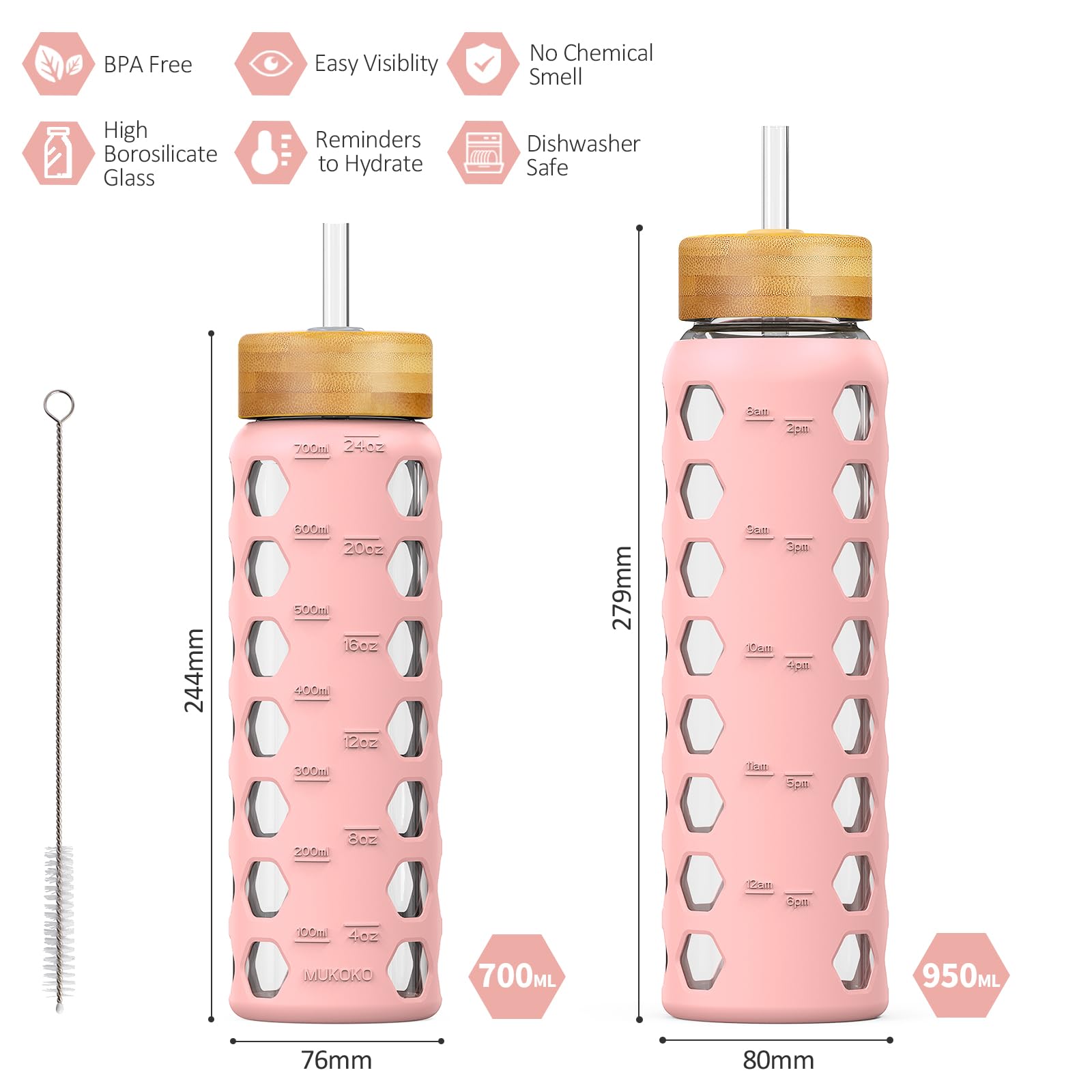 HYDRAGLAZIC 950ML Glass Water Bottle with 2 Flip and Bamboo Straw Lids Sports Water Tumbler with Time Reminder and Silicone Sleeve Leak-proof BPA Free - Image 4