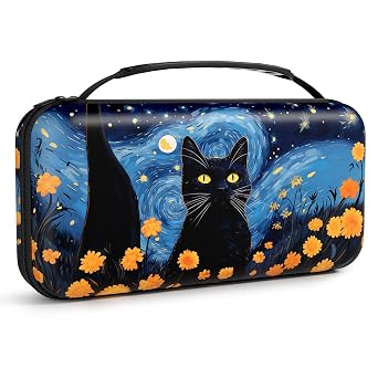 NPOOYI Carrying Case Compatible with Nintendo Switch OLED 2021/2017, Hard Shell Protective Switch Travel Case with Pockets and Game Holder for Console Joy-Con & Accessories, Night Cat