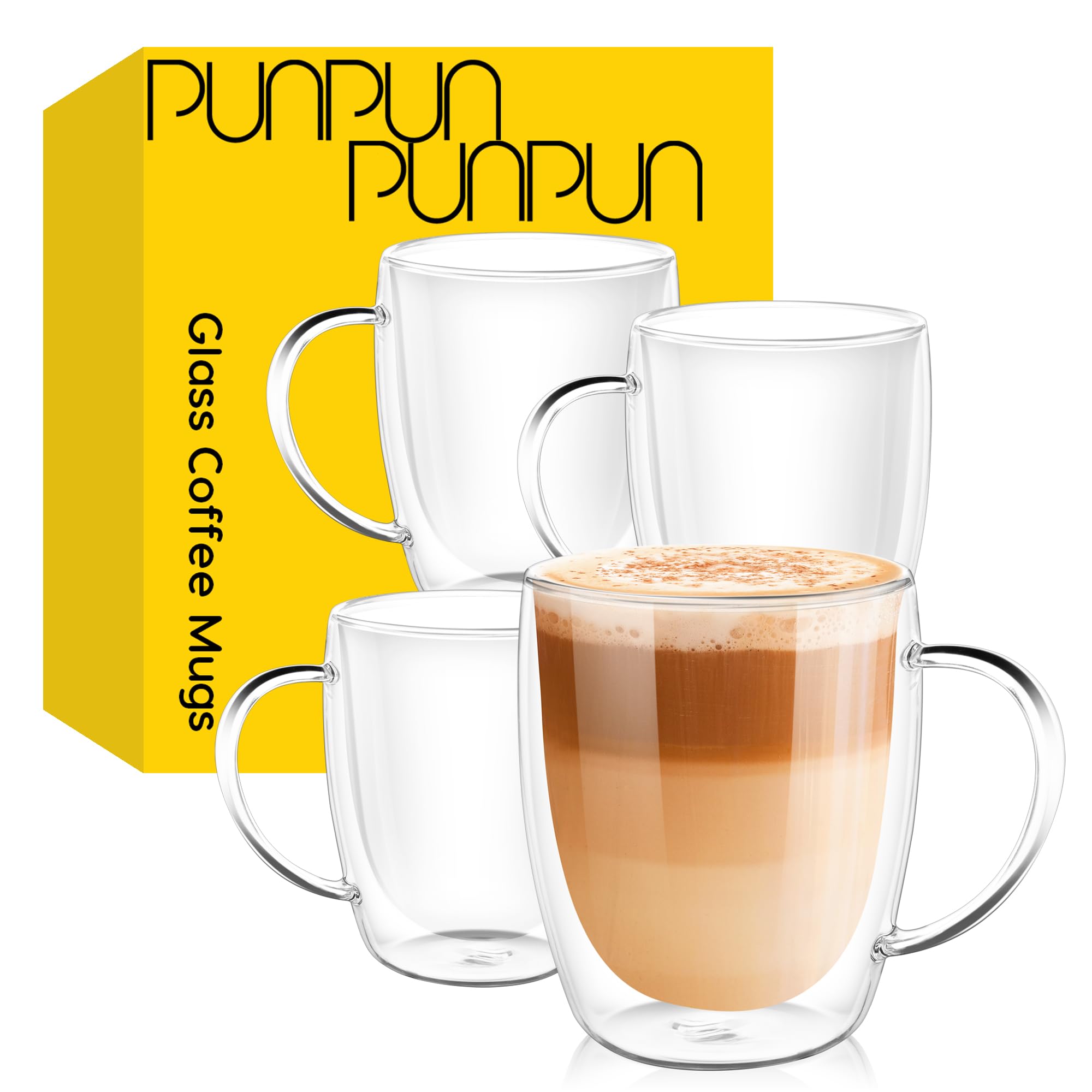 PunPun 12.9OZ. 380ml Clear Coffee Mugs, Glass Cups for Latte, Double Wall Glass with Big Handle, Clear Mugs for Iced Coffee or Hot Beverages, Espresso Cups Each Set of 4