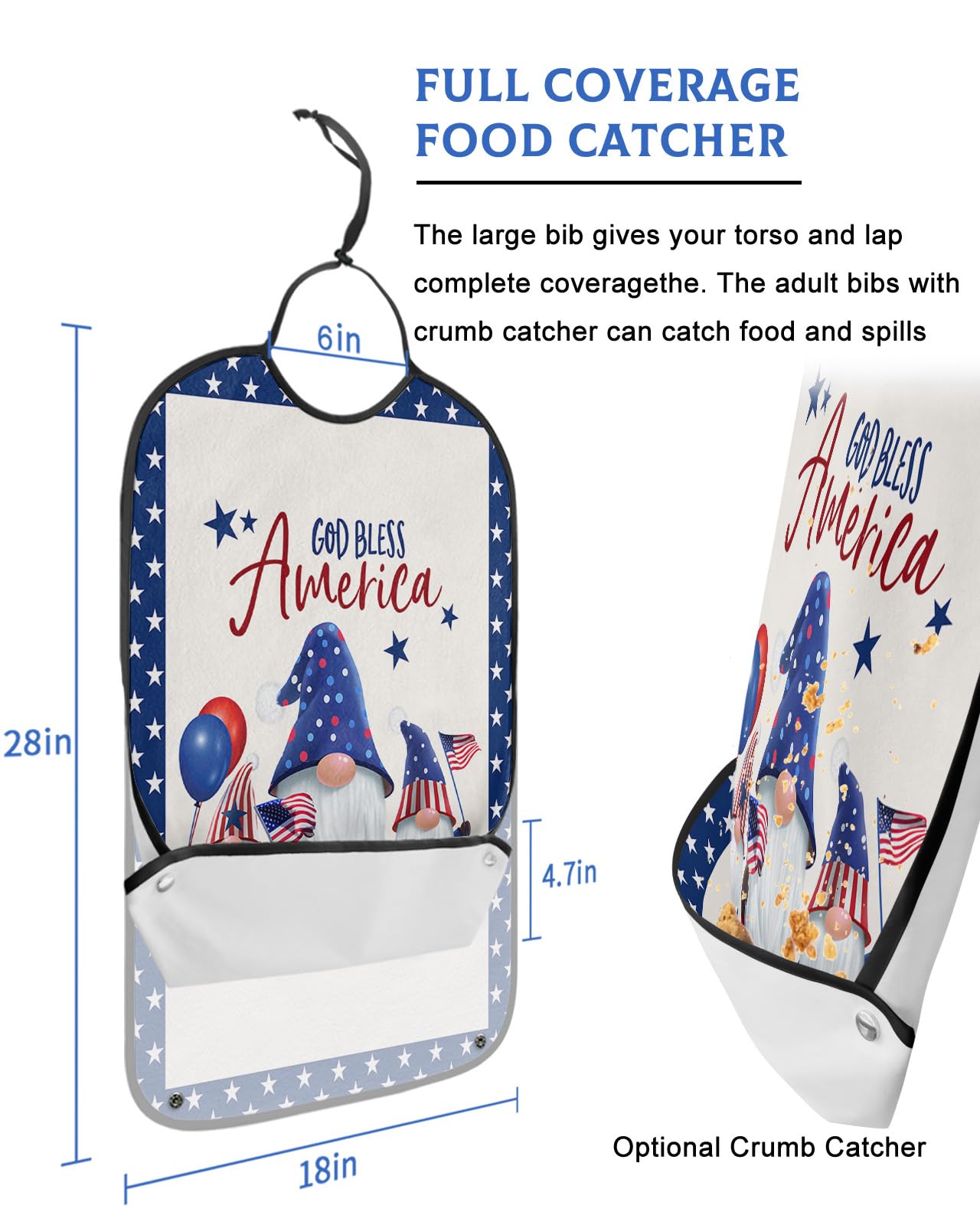 Kewadony Adult Bibs for Elderly Women - 4th of July Waterproof Dining Clothing Protectors with Crumb Catcher for Eating/Feeding, Independence Day Gnomes American Flag Star Terry Cloth Bib Washable