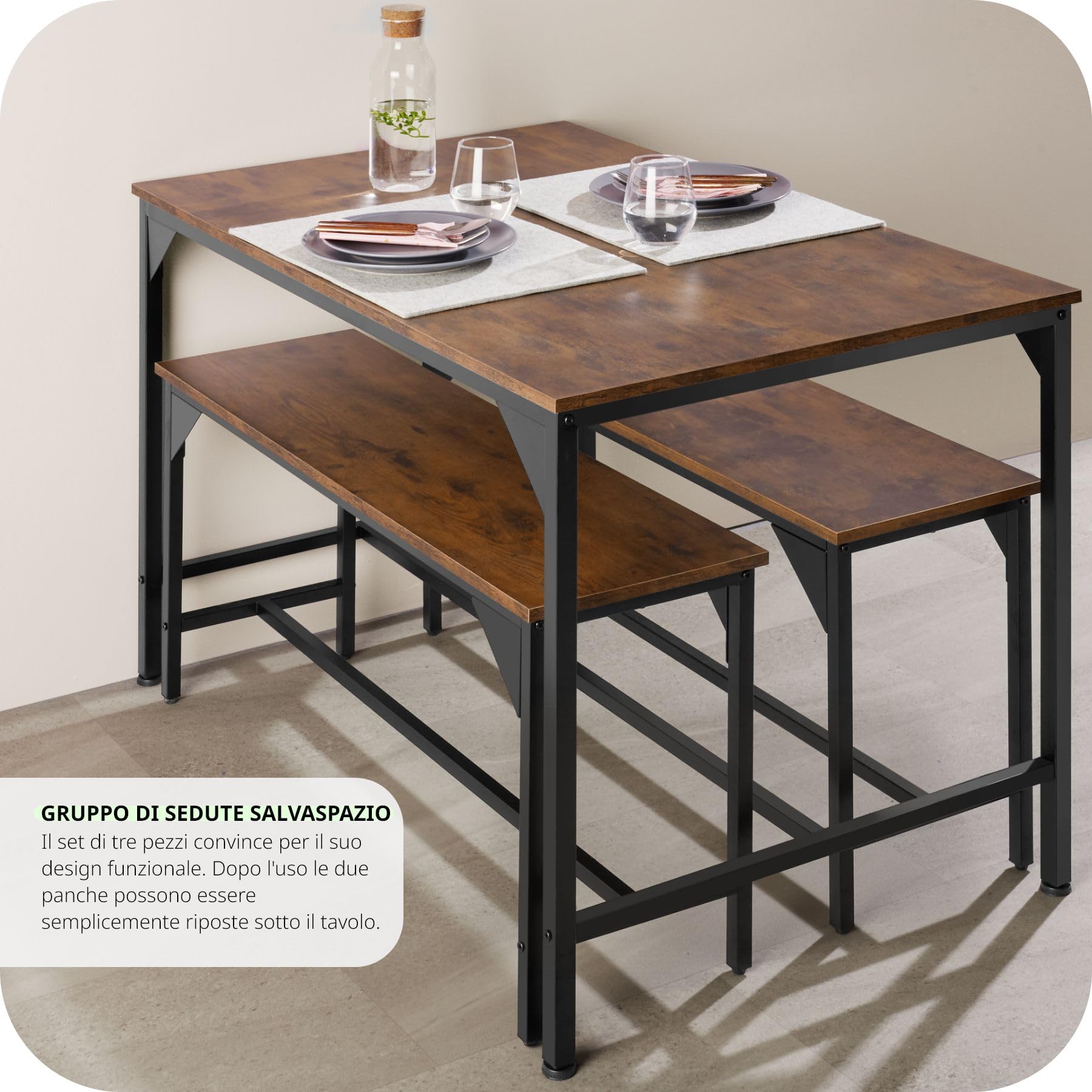 tectake® Salottino Bolton, Set da Pranzo Industriale, 1 Tavolo 2 Panche, Facile da Pulire, Regolabile, Robusto Telaio in Acciaio, Effetto Legno, Salotto - Legno industriale scuro, rustico