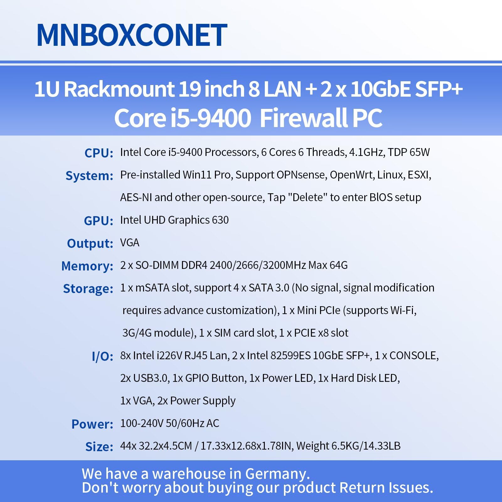 1U Firewall 19" Routeur Appliance C236 Redundancy Power Supply Core i5 9400, 8 x 2,5 Gigabit Ethernet OPNsense, serveur de matériel réseau, 16 Go de RAM 512 Go SSD, USB 3.0, console