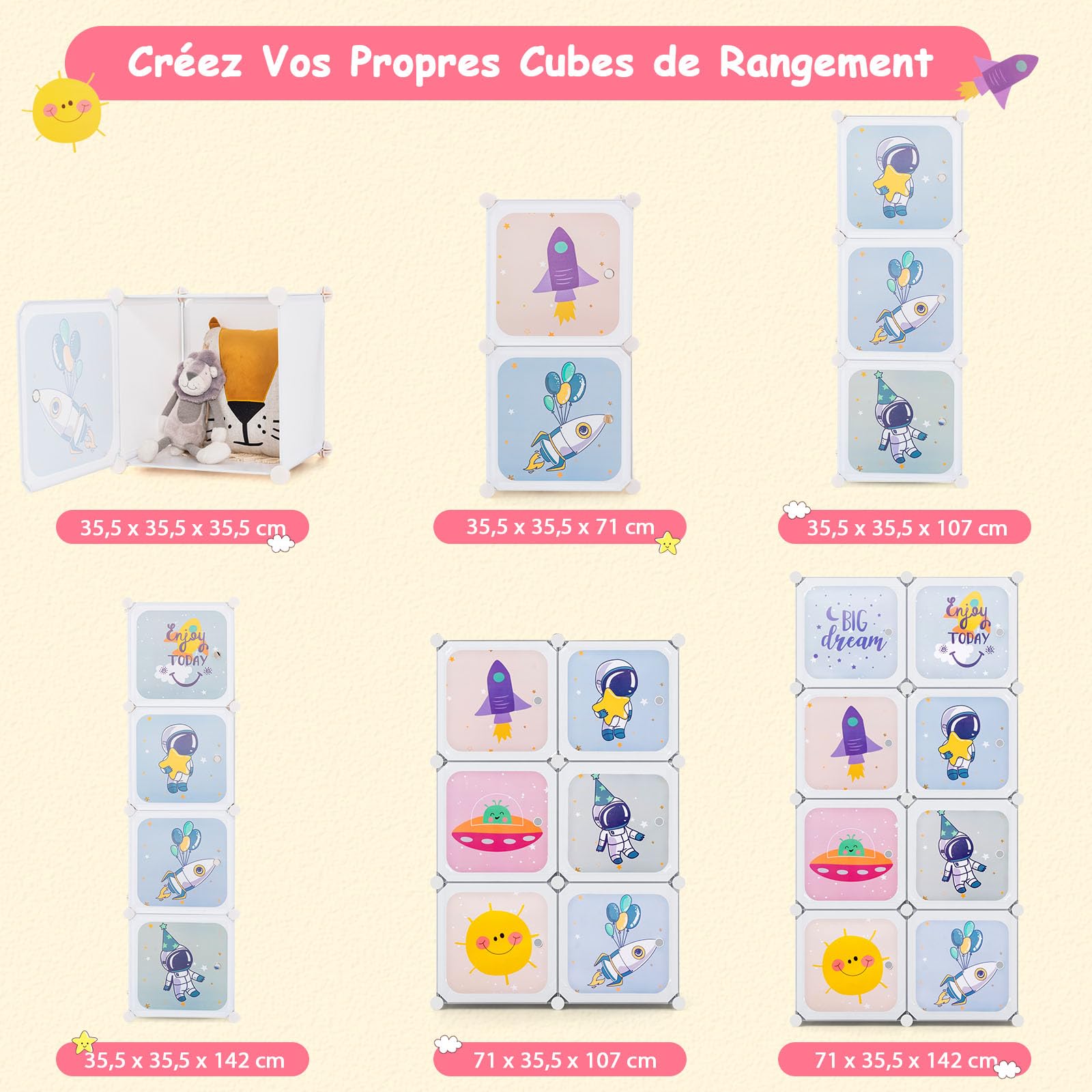GOPLUS Meuble de Rangement Enfant 8 Cubes à Thème Spatial, Armoire Modulable avec Portes et Barre de Suspension, Rangement Jouet Livre pour Chambre à Enfant (Blanc)