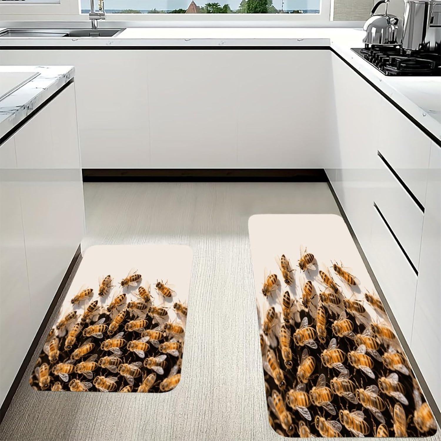 Bees Kitchen Mat Set of 2 Ergonomic Comfort Velvet Rugs Cushioned Anti-Fatigue Non-Slip Standing Mats Thick Kitchen Floor Mat Carpet Runner Rugs 16"×24"+17"×47"
