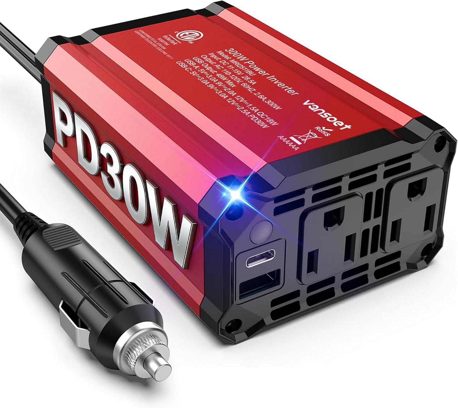 300W Car Power Inverter, DC 12V to 110V AC, PD30W QC18W 2 Outlets