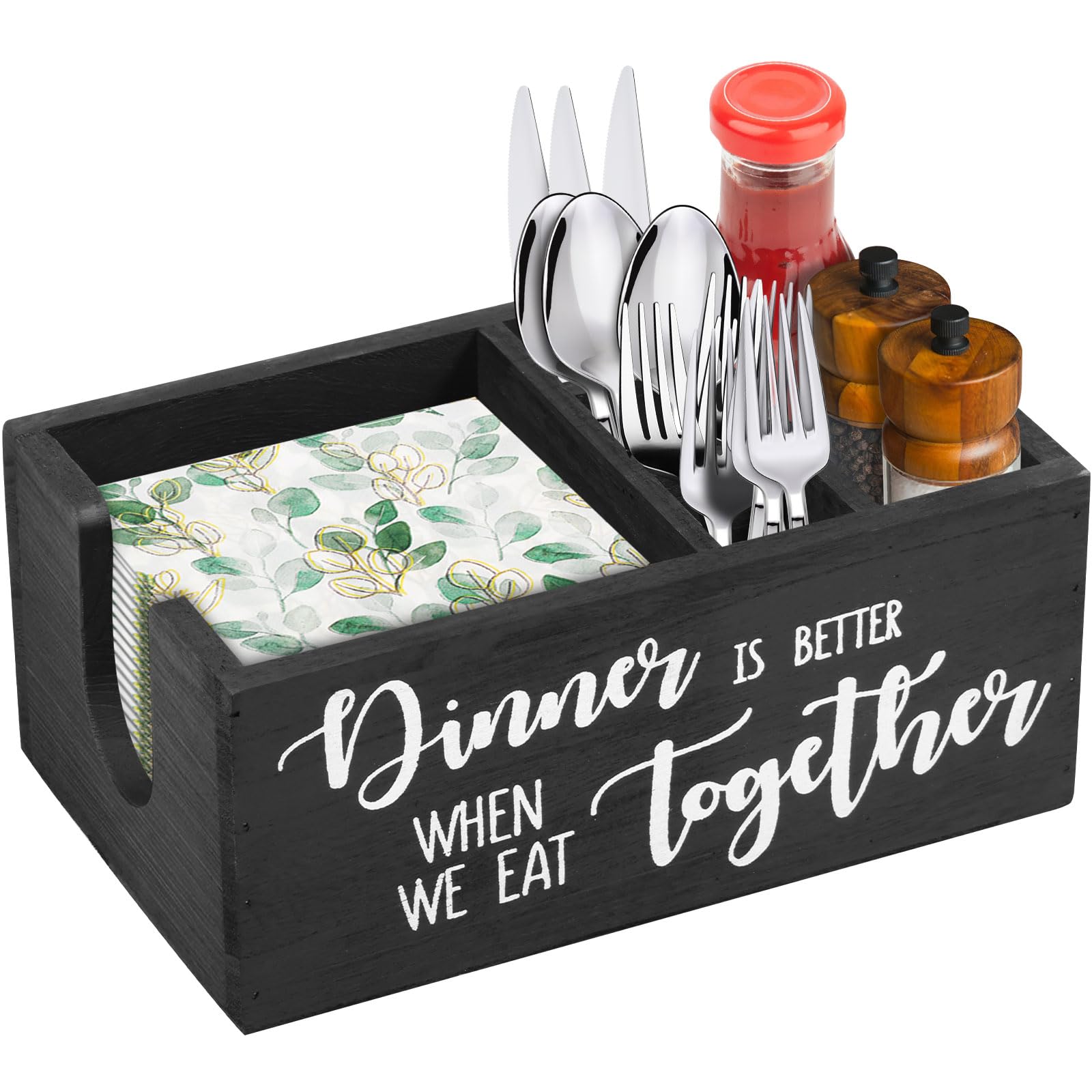 Ghshanog Black Wooden Tabletop Napkin Holder,Utensil Caddy With Salt And Pepper Shakers Caddy,Versatile Salt Pepper Rack Tabletop Condiment Organizer Box For Home Napkin Spice Tableware