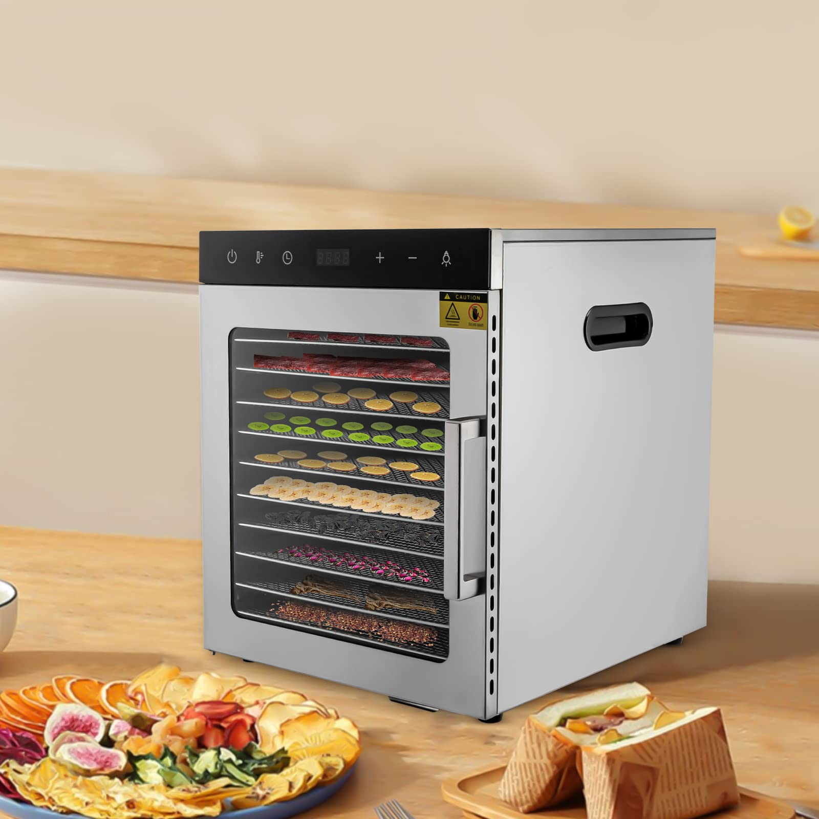 220 V, 800 W, essiccatore in acciaio inox, 10 ripiani, regolatore di temperatura da 30 – 90 °C, funzione timer da 0,5 – 24 h, disidratatore per frutta, verdura, carne e tè, senza BPA
