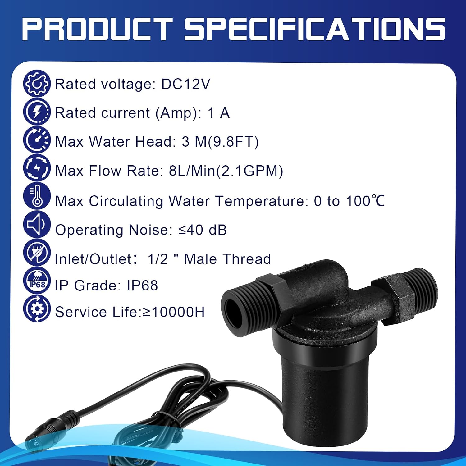 Threlaco DC 12V Solar Hot Water Heater Circulation Pump with DC Power Supply Adapter Low Noise 3 Meter Head 8 LPM 2.1GPM for Home Brewing Recirculation System, Hydronic Heating Systems