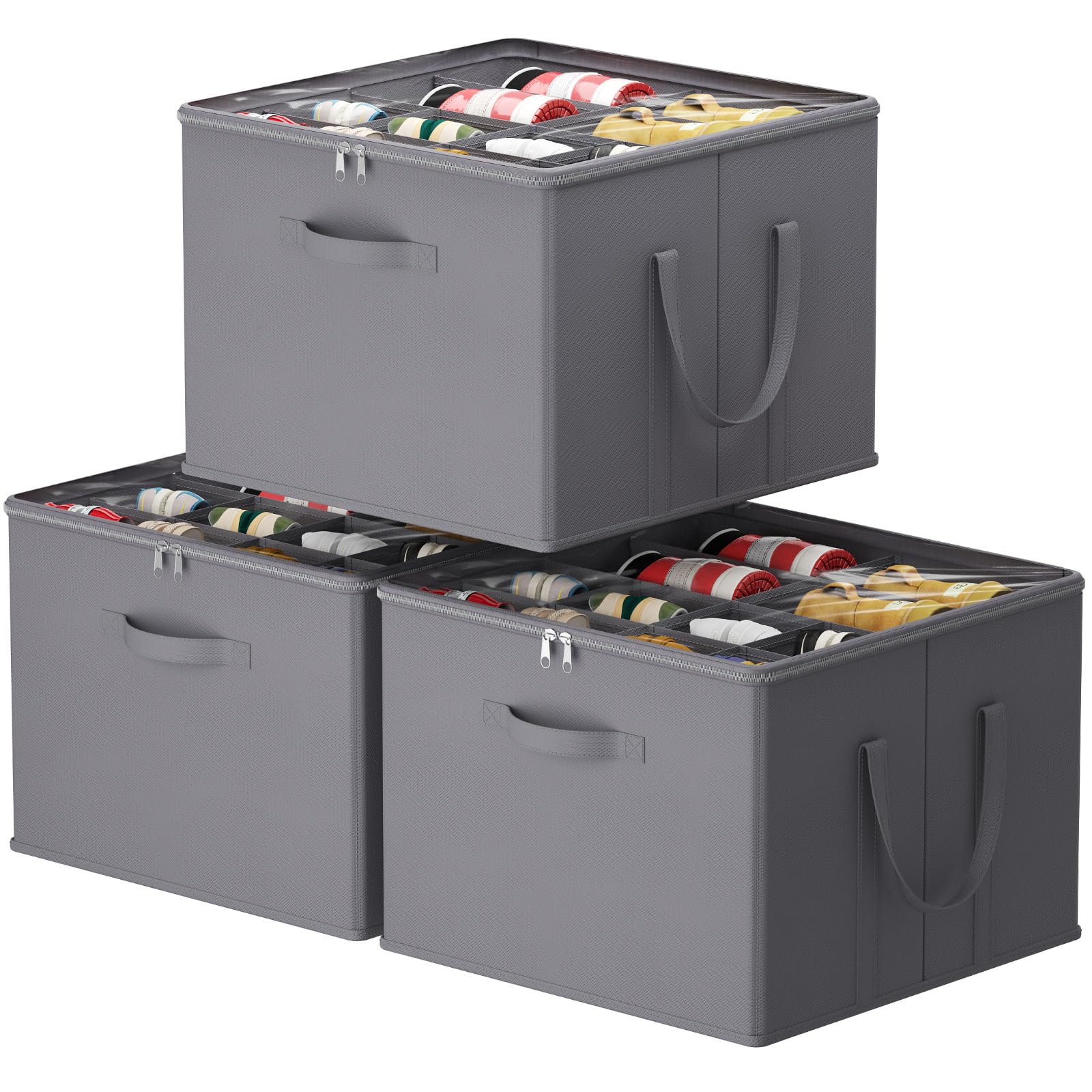 Lifewit Organizer Scarpe Pieghevole, Scatole porta Scarpe con Coperchio Trasparente per 12-16 Paia, Shoes Organizer con Supporto Inferiore e Manici Rinforzati, Grigio, Set di 3