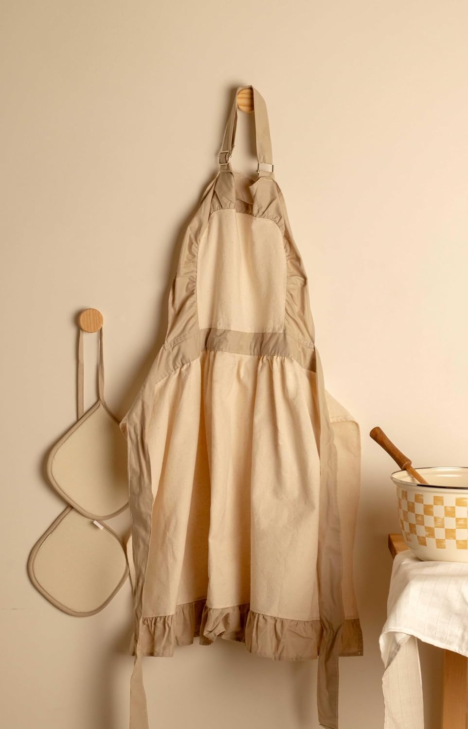 Mindy Pileli Vintage Mutfak Önlüğü Ve Tutmaç Seti (Ayarlamalı Askılı)