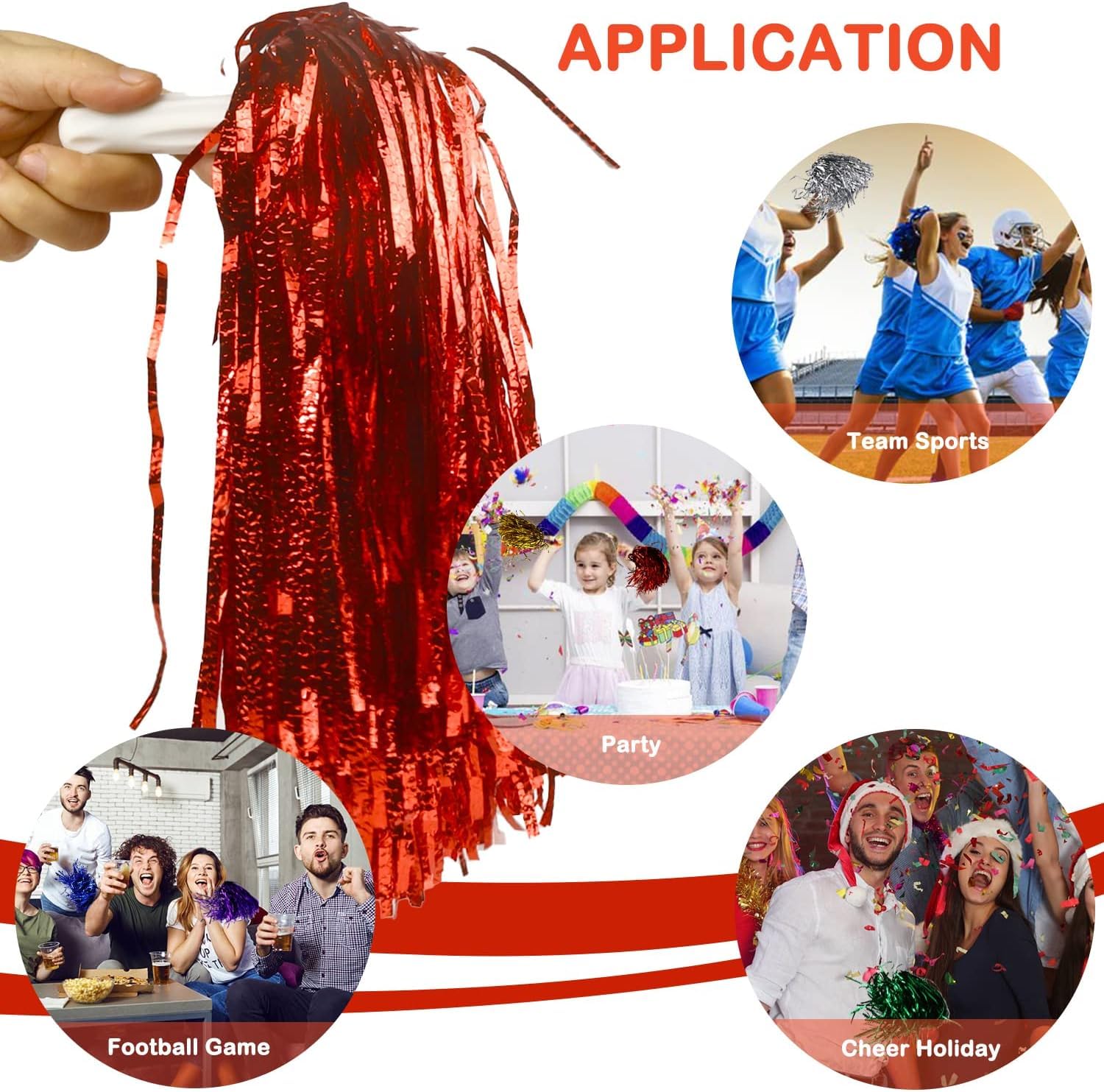 PRP Creation One Pair Metallic Cheerleader Pompoms Sports Dance Cheer Party Accessories Pom Poms Hand for Kids Adults Rooters,Cheering Squard,Cheering Team (Red) 3