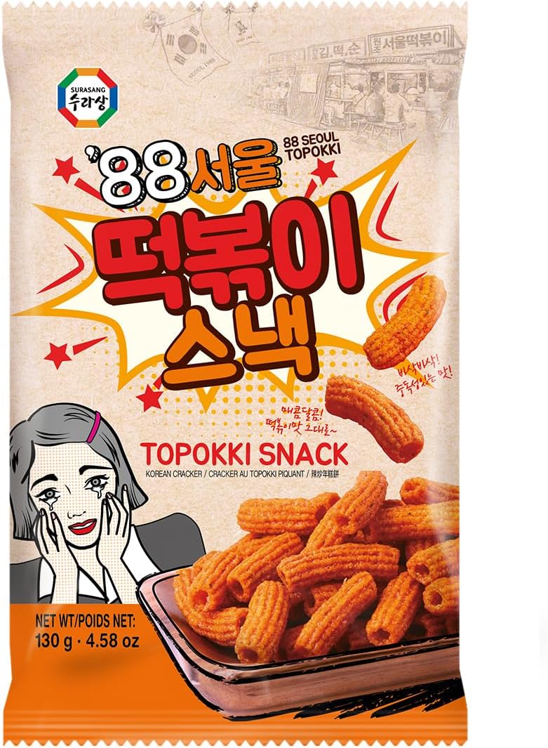 Surasang Tteokbokki Chips Korean Sweet and Spicy Puffs - Crispy Korean Chips, Street Food Flavor, Korean Snacks Tteokbokki Taste