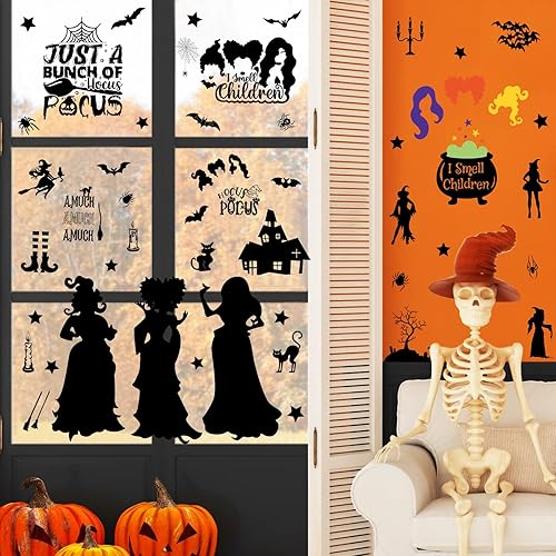 Miniatura 3 de Decoraciones de Hocus Pocus, calcomanías de ventana de Halloween, 9 hojas, 91 piezas de calcomanías de Hocus Pocus de doble cara, calcomanías de