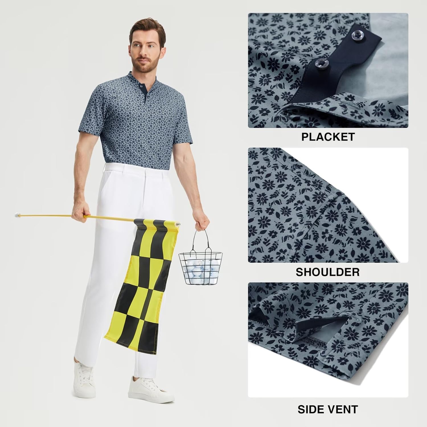 M MAELREG Golf Shirts for Men Collarless Performance Dry Fit Stretch Henley Casual Printed Mens Polo Shirts Short Sleeve