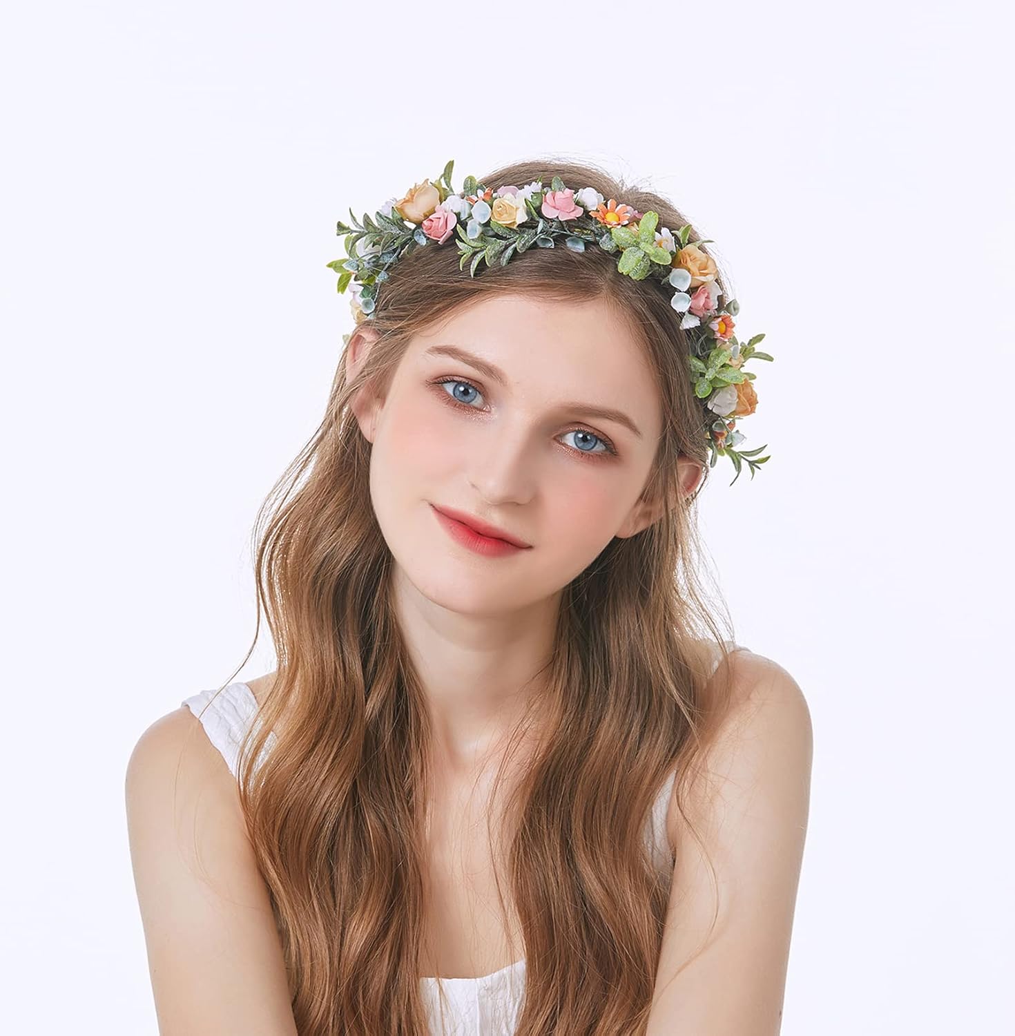 Brikuinr Wedding Flower Crown Floral Wreath Headband Hair Wreath Hair Garland Flower Halo Floral Headpiece Boho with Ribbon Party Prom Orange - Image 3