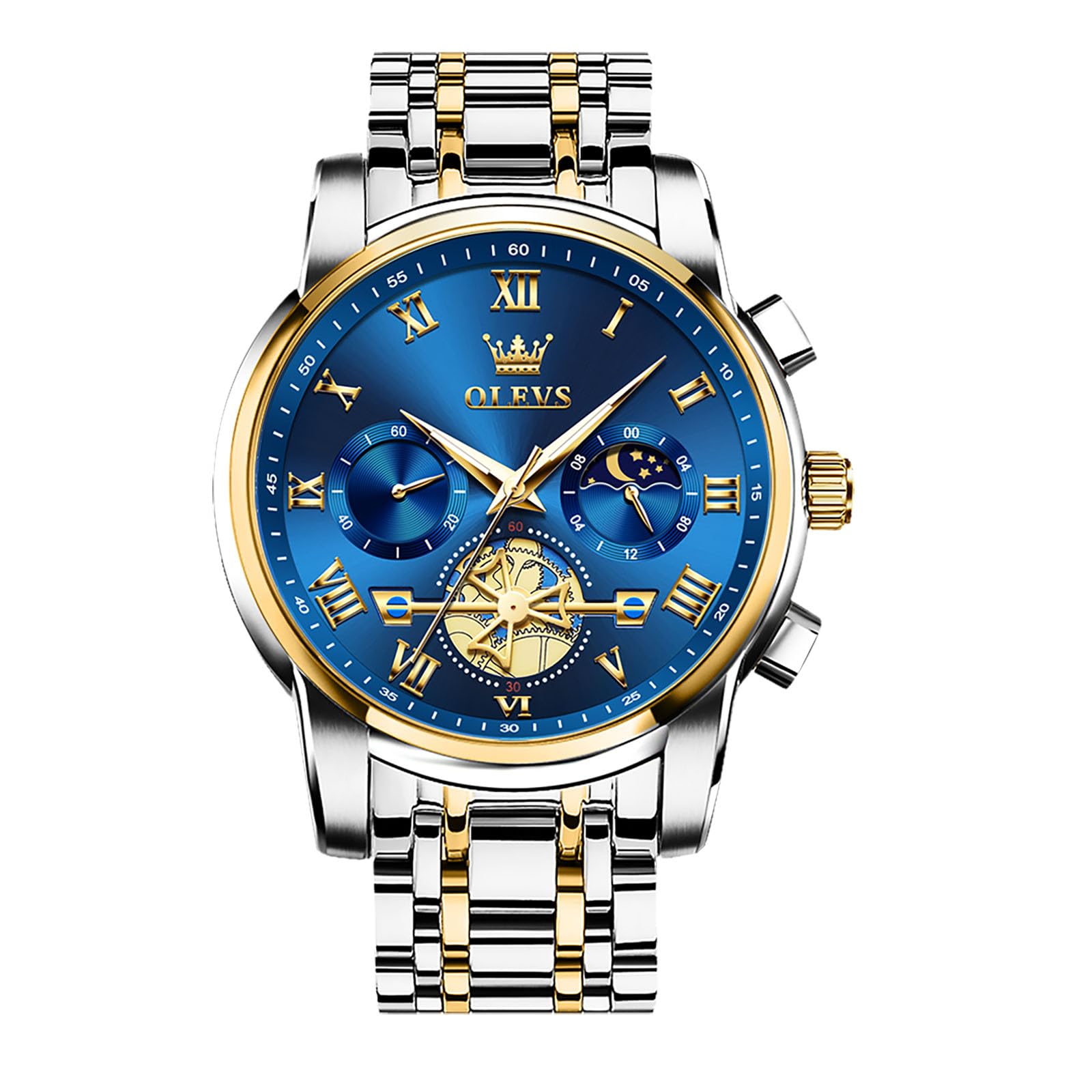 OLEVS Men's Chronograph Watch, Gold Silver Tone Stainless Steel Analog Quartz Watch, Multi-Function Waterproof Date Diamond Roman Numerals Dial Dress Watch for Men