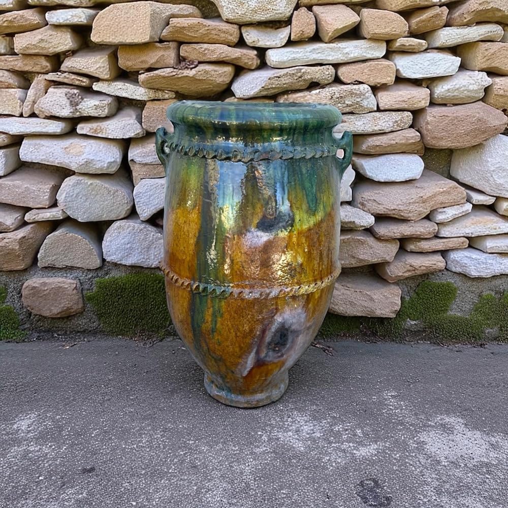Marokkanische Vase Tamegroute, Amphore, handgefertigt, aus Keramik, Grün und Ocker, 38 x 38 x 62 cm